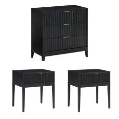 Mid-Century Wooden Fluted Dresser & Nightstand Set Black Oak