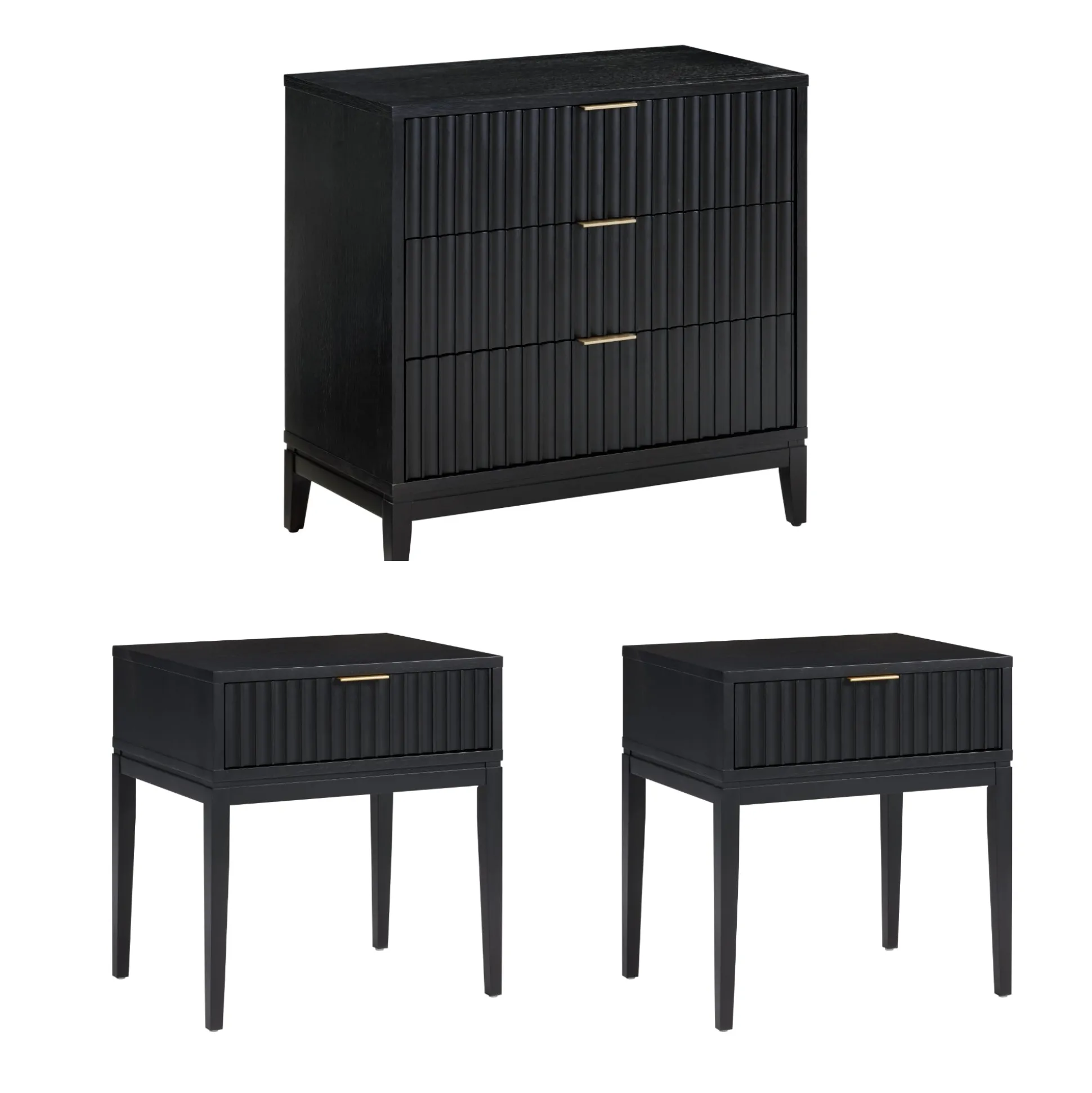 Mid-Century Wooden Fluted Dresser & Nightstand Set Black Oak