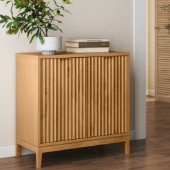 Mid-Century Wood Fluted Storage Cabinet Warm Pine
