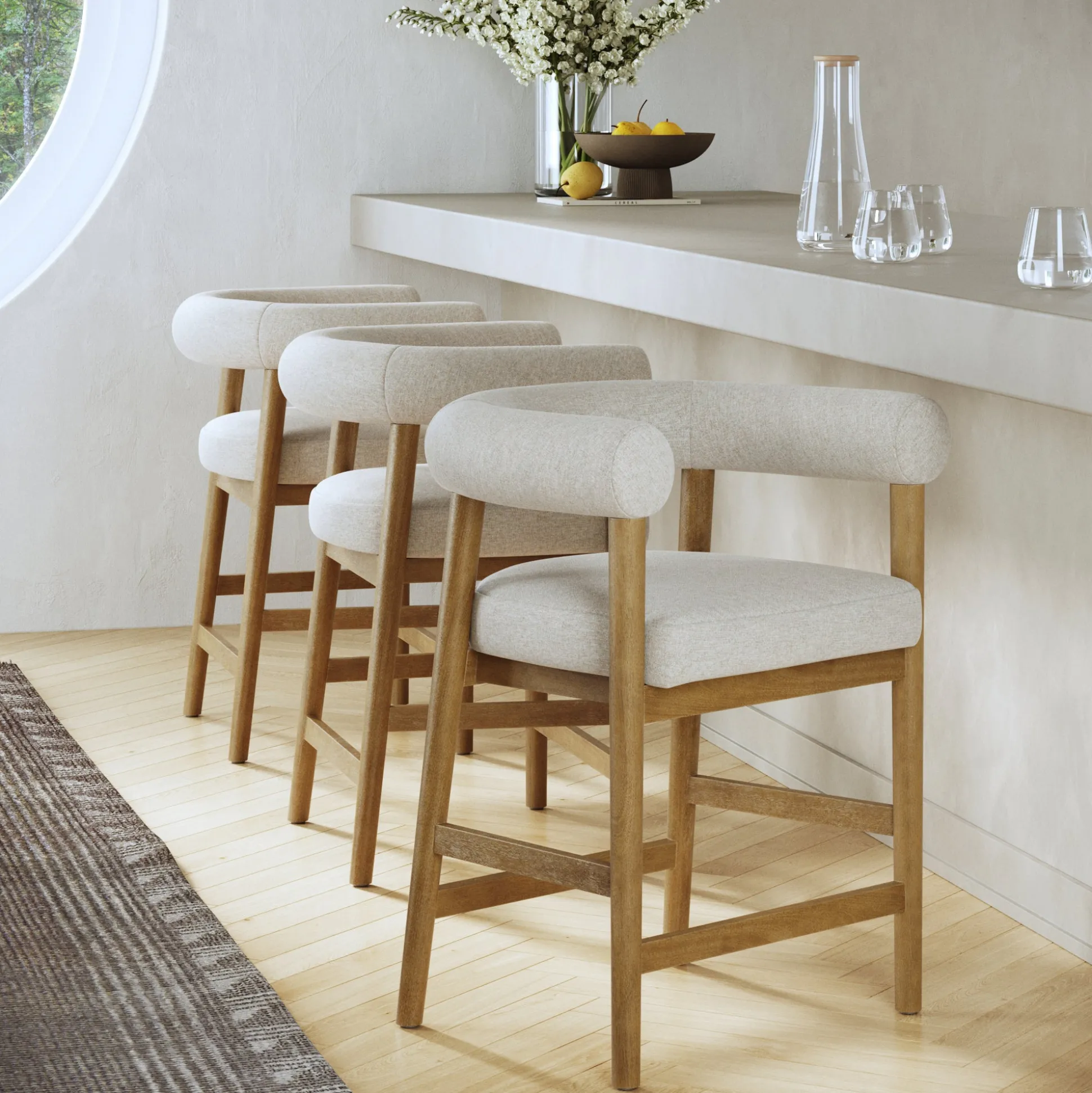 Modern Barrel Bar Stool with Curved Back Flax/Light Brown (Set of 3)