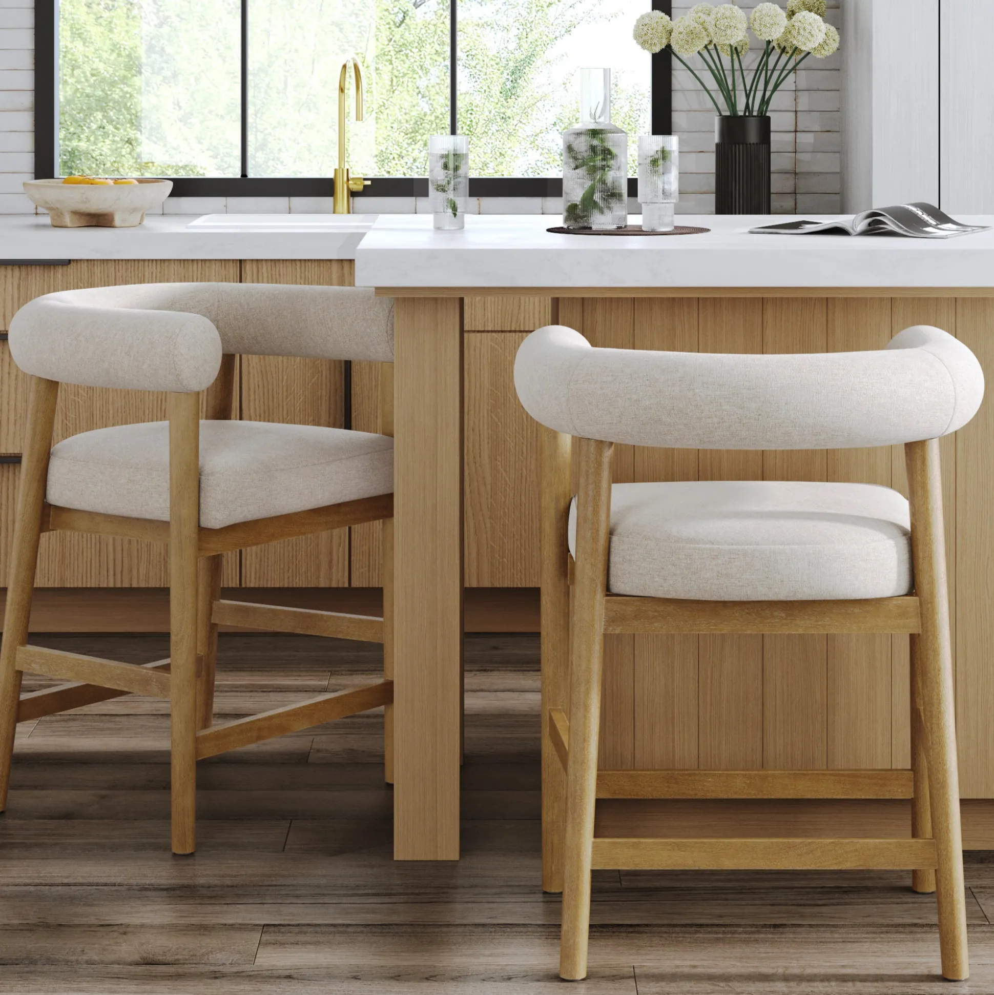 Modern Barrel Bar Stool with Curved Back Flax/Light Brown (Set of 2)