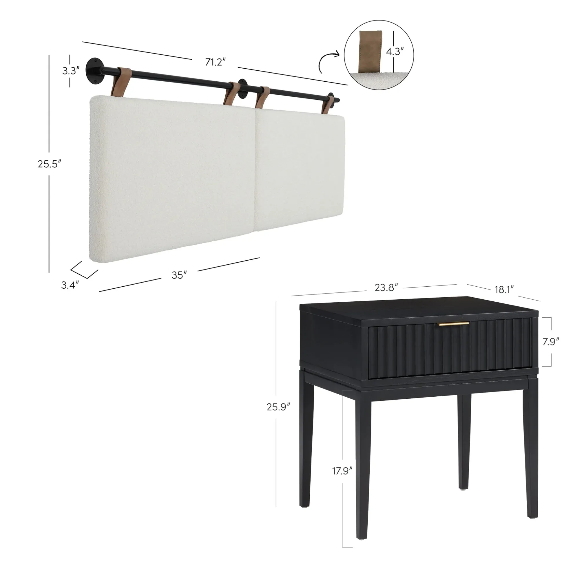 Modern Boucle King Headboard and Fluted Nightstand Set