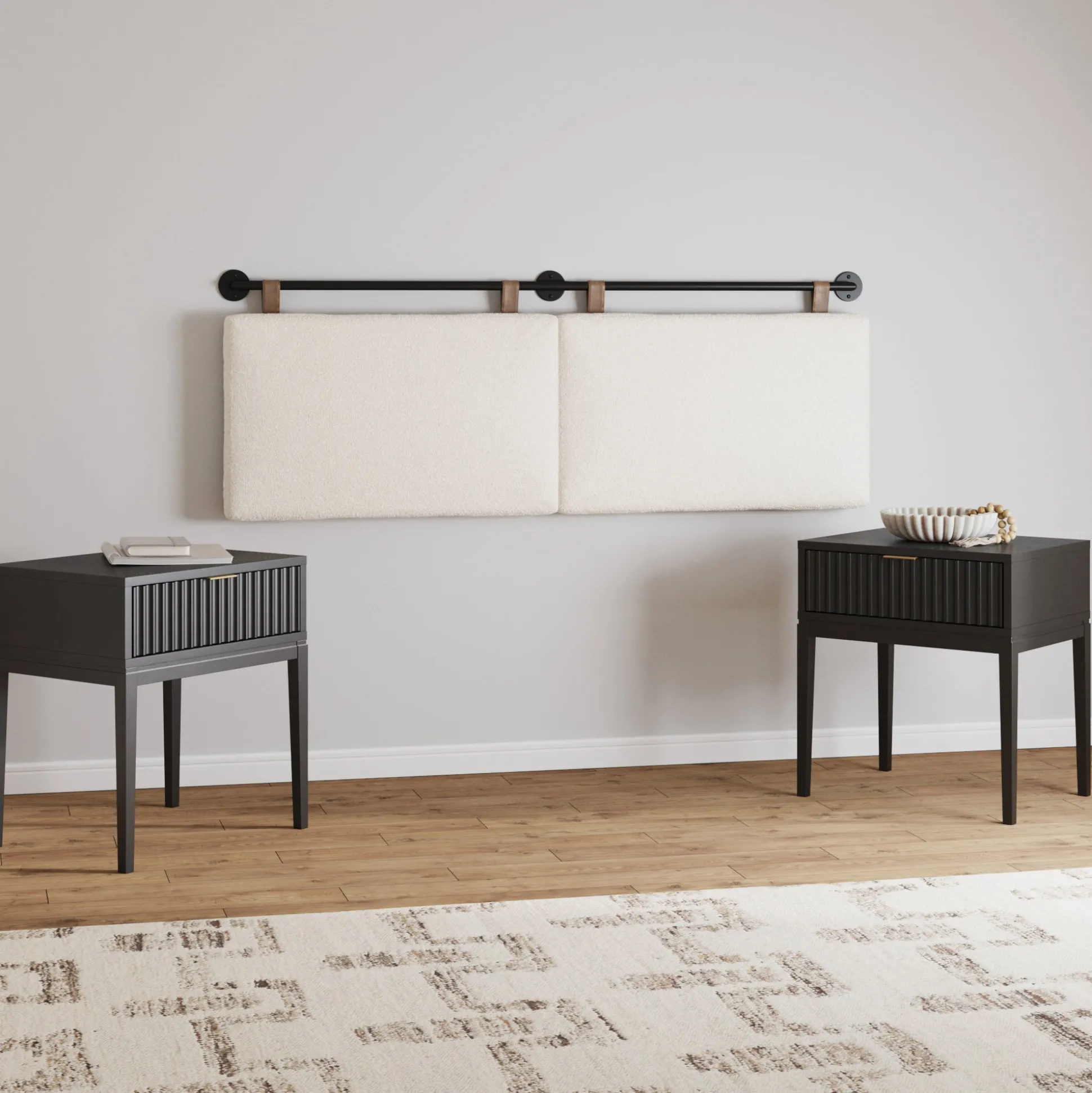 Modern Boucle King Headboard and Fluted Nightstand Set