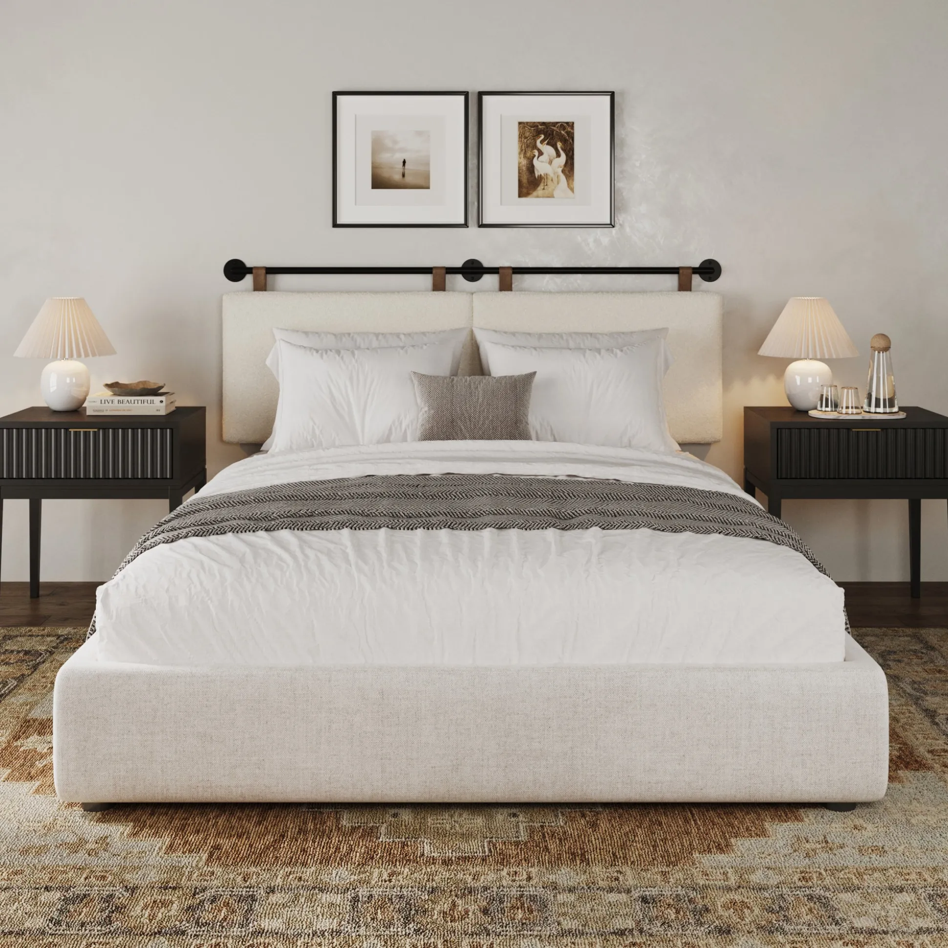 Modern Boucle King Headboard and Fluted Nightstand Set