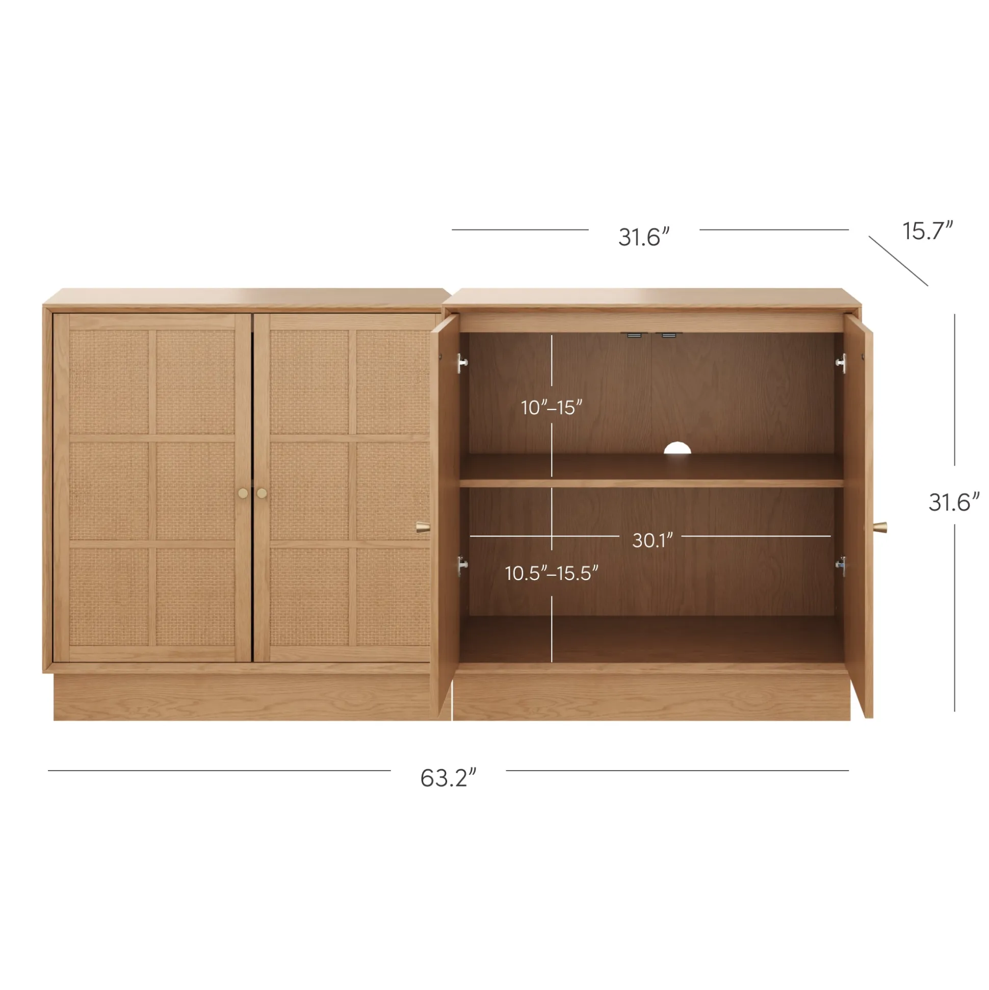 Modern Coastal Rattan Wood Sideboard Storage Cabinet Raw Oak (Set of 2)