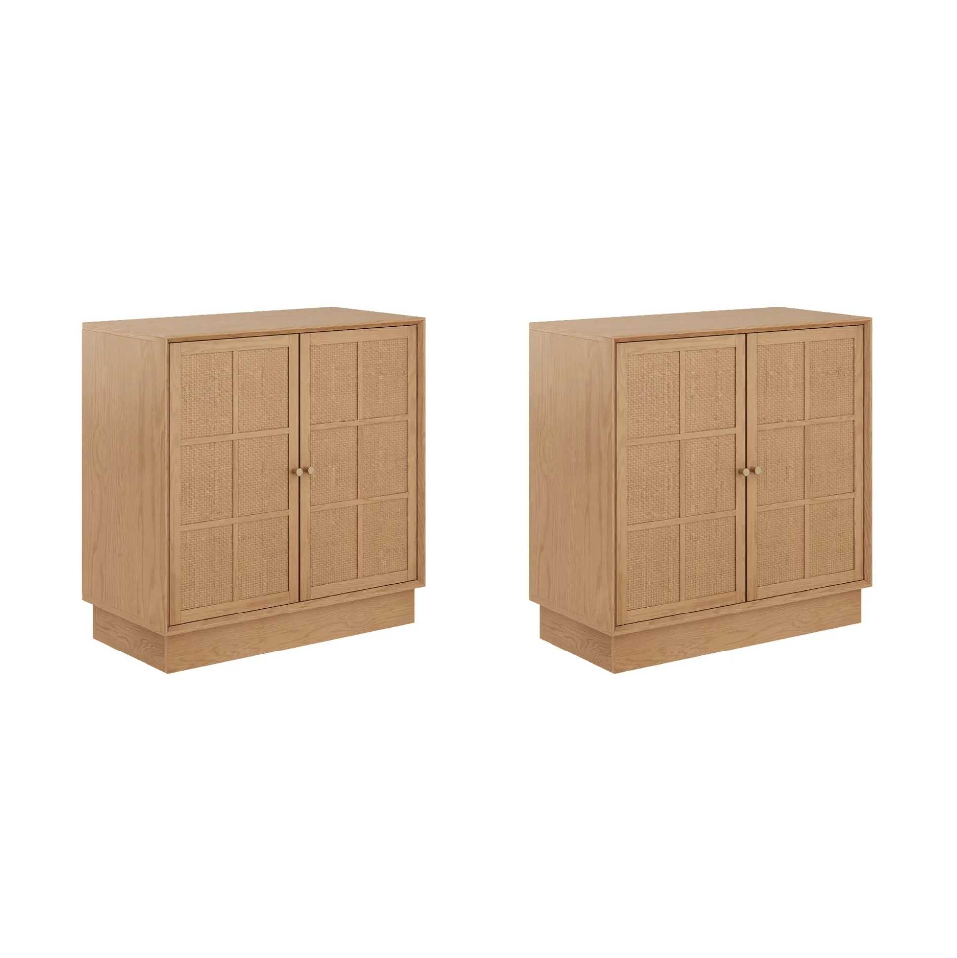 Modern Coastal Rattan Wood Sideboard Storage Cabinet Raw Oak (Set of 2)