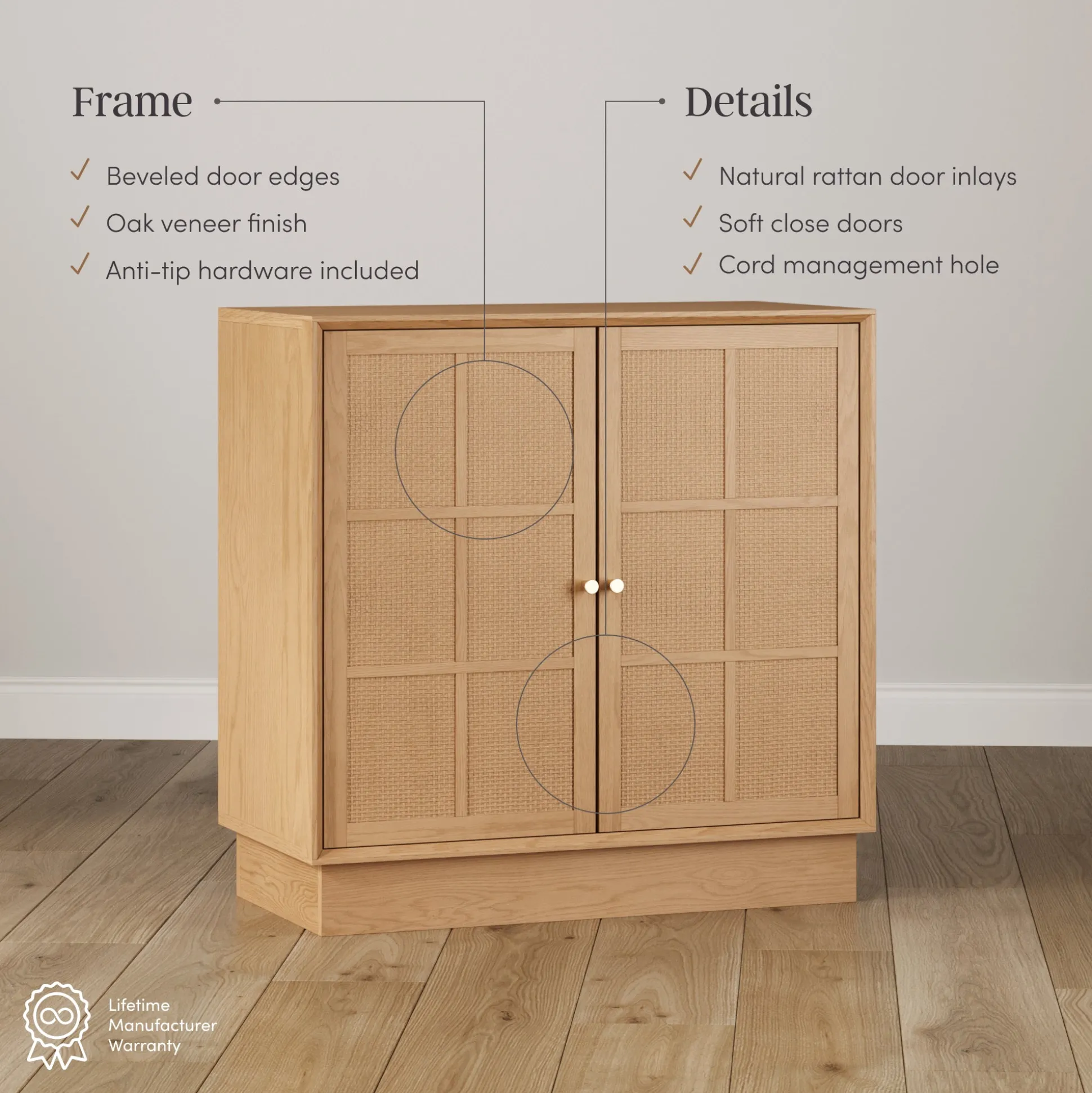 Modern Coastal Rattan Wood Sideboard Storage Cabinet Raw Oak (Set of 2)