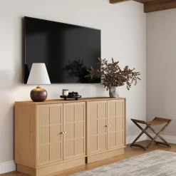 Modern Coastal Rattan Wood Sideboard Storage Cabinet Raw Oak (Set of 2)