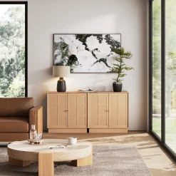 Modern Coastal Rattan Wood Sideboard Storage Cabinet Raw Oak (Set of 2)