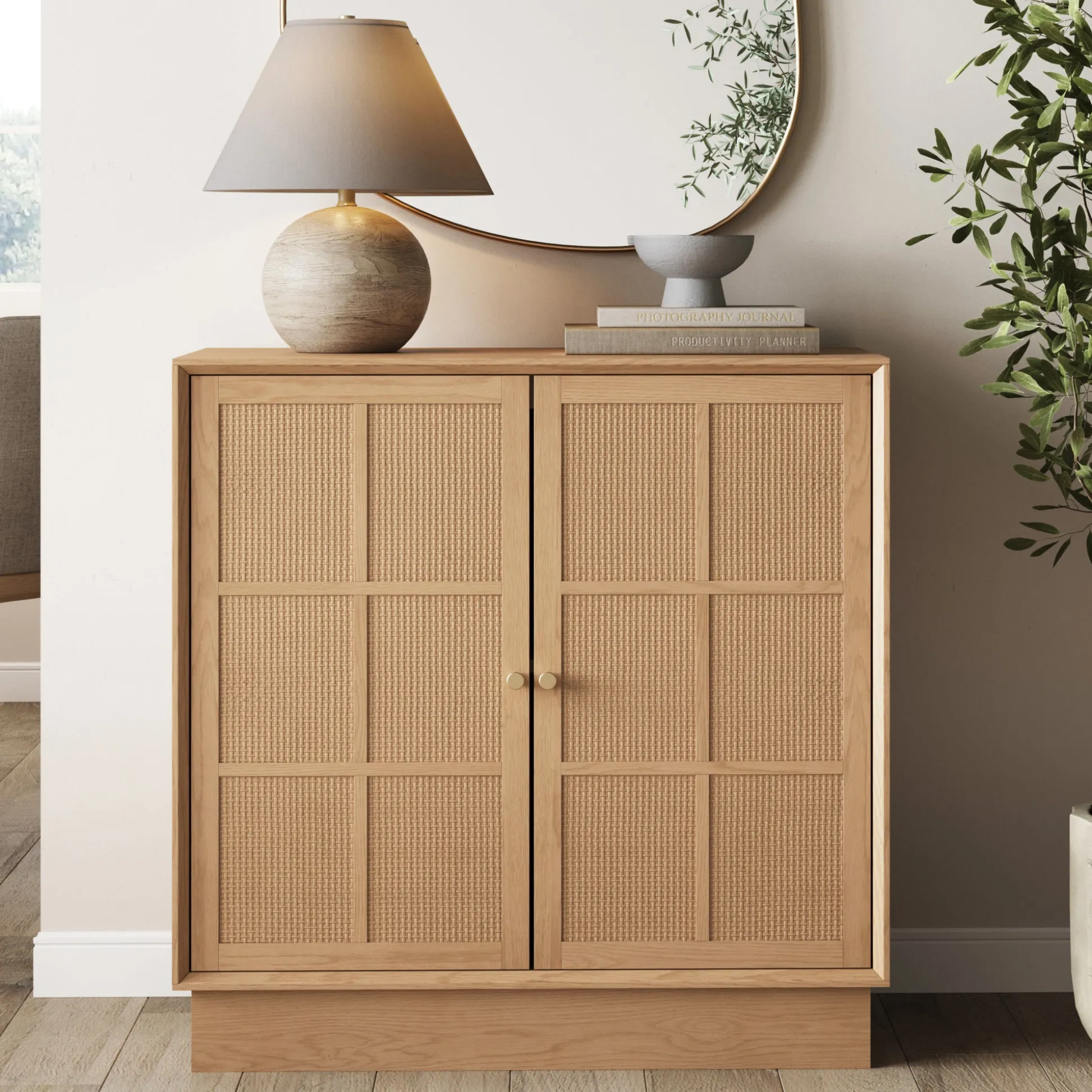 Modern Coastal Rattan Wood Sideboard Storage Cabinet Raw Oak