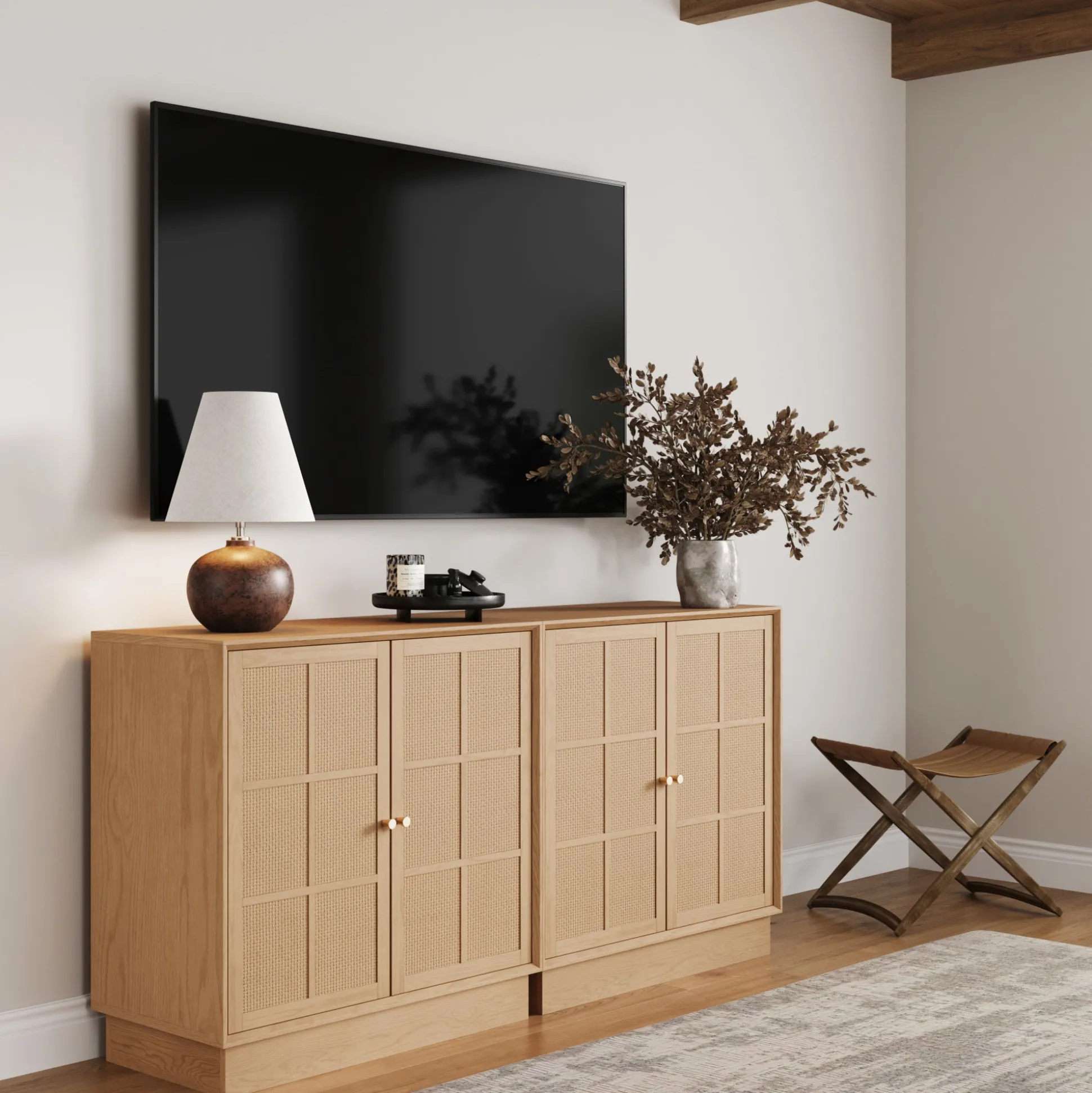 Modern Coastal Rattan Wood Sideboard Storage Cabinet Raw Oak