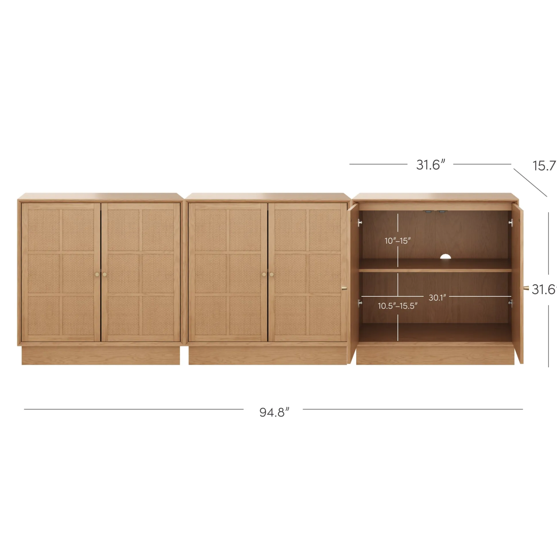 Modern Coastal Rattan Wood Sideboard Storage Cabinet Raw Oak (Set of 3)