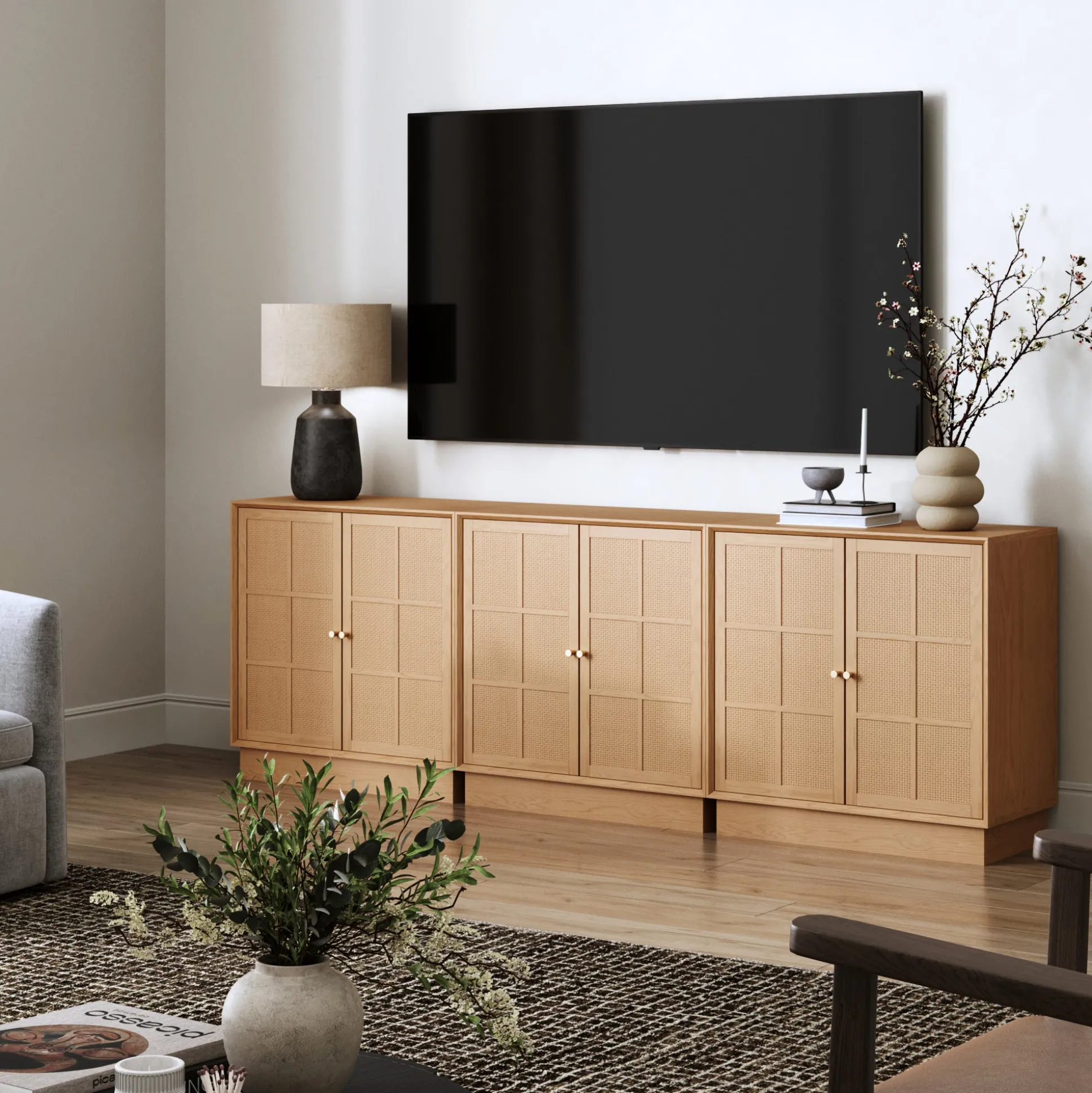 Modern Coastal Rattan Wood Sideboard Storage Cabinet Raw Oak (Set of 3)