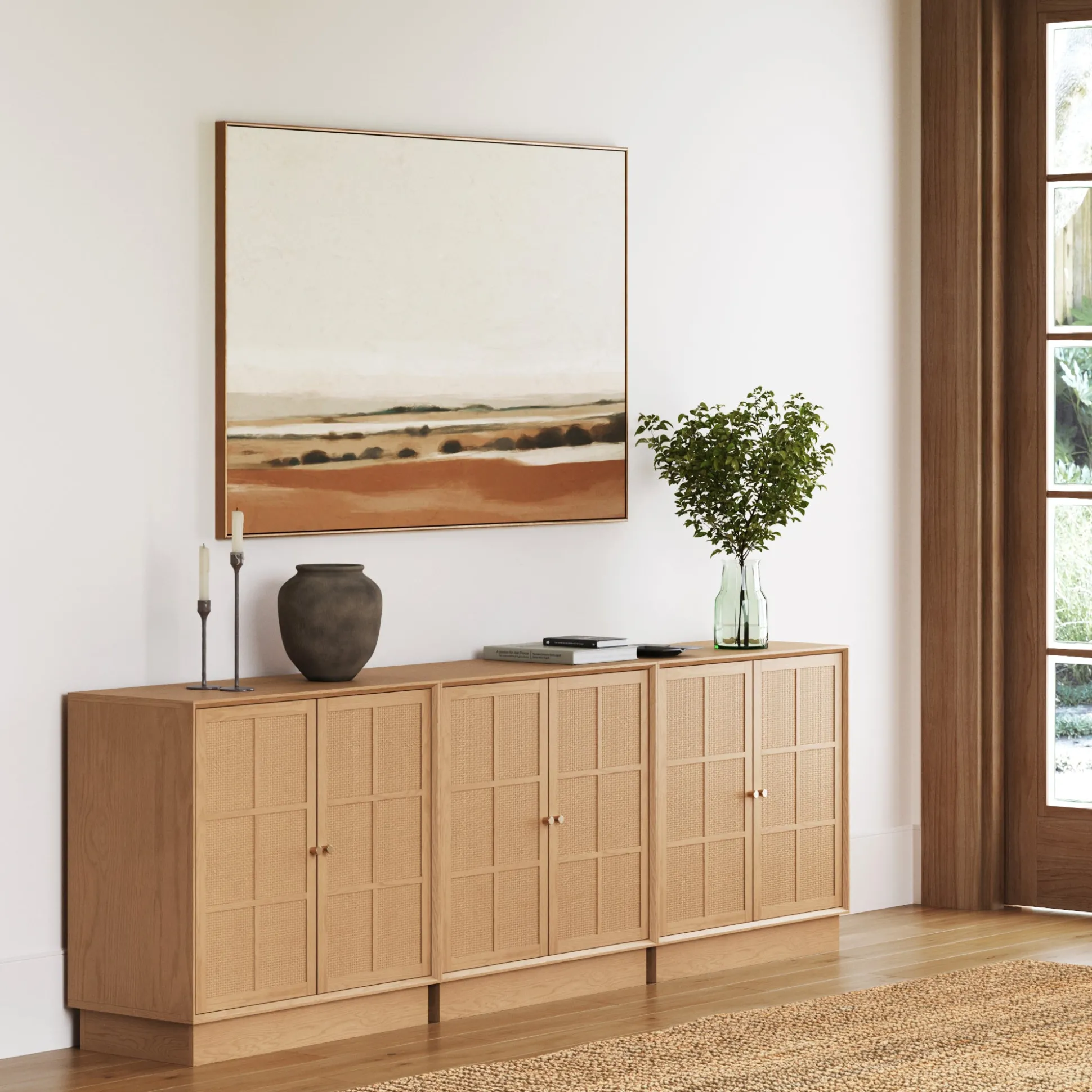 Modern Coastal Rattan Wood Sideboard Storage Cabinet Raw Oak (Set of 3)