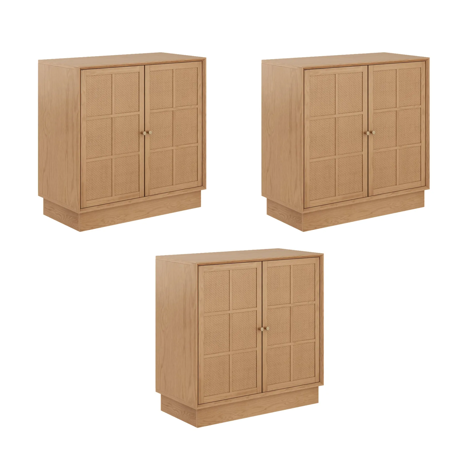 Modern Coastal Rattan Wood Sideboard Storage Cabinet Raw Oak (Set of 3)