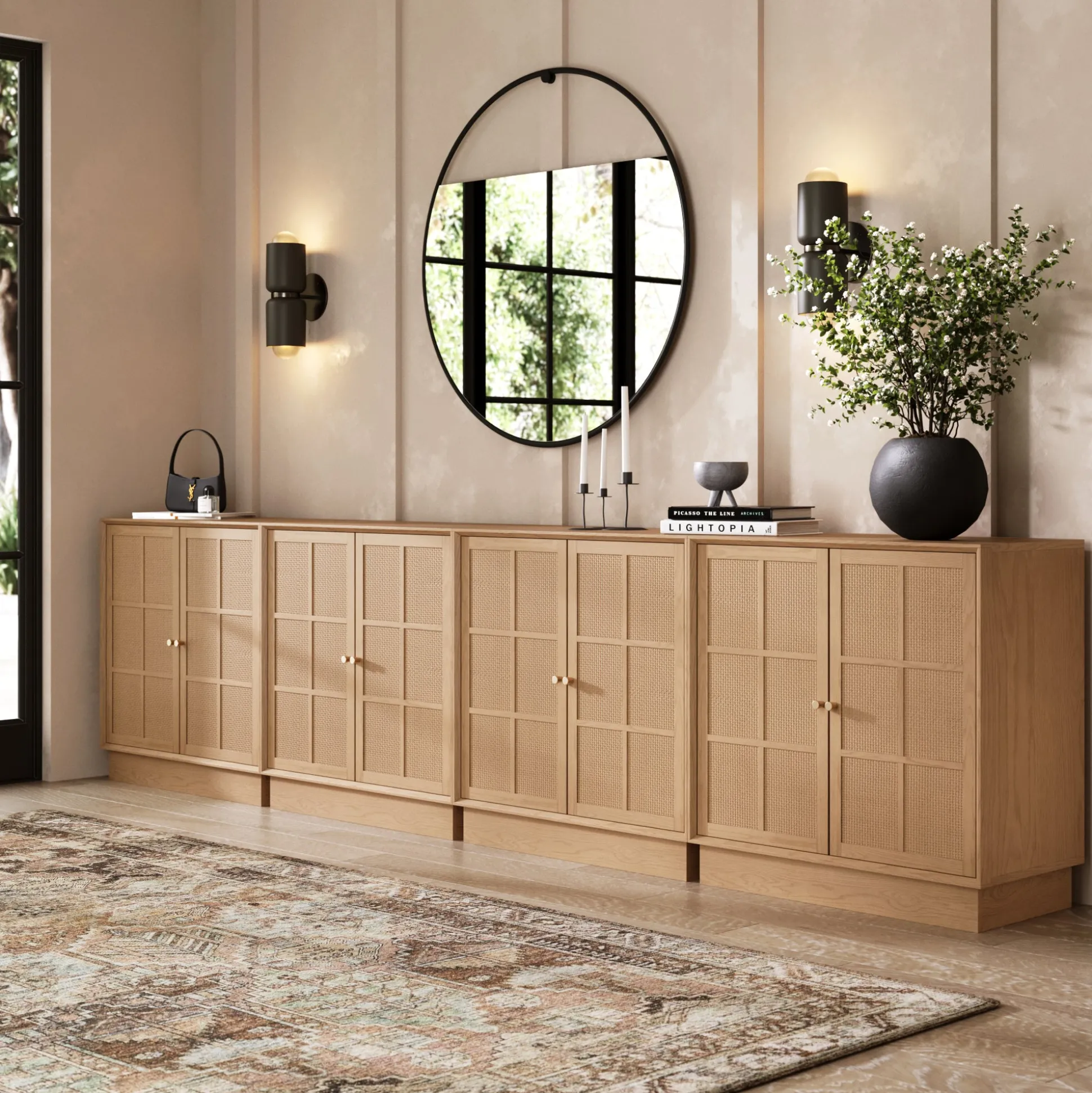 Modern Coastal Rattan Wood Sideboard Storage Cabinet Raw Oak (Set of 4)