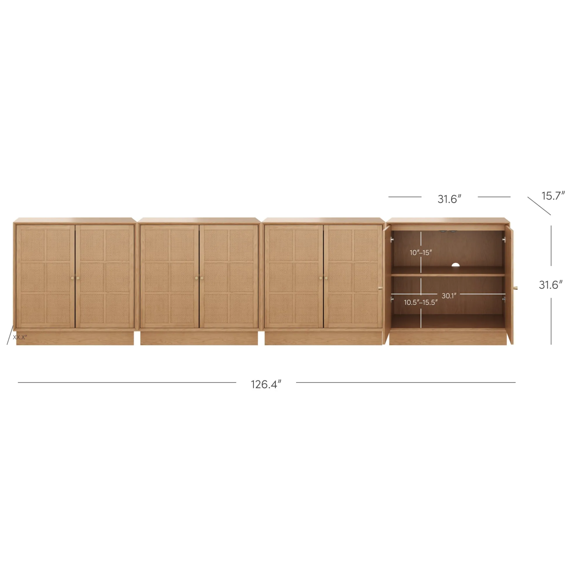 Modern Coastal Rattan Wood Sideboard Storage Cabinet Raw Oak (Set of 4)