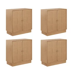 Modern Coastal Rattan Wood Sideboard Storage Cabinet Raw Oak (Set of 4)