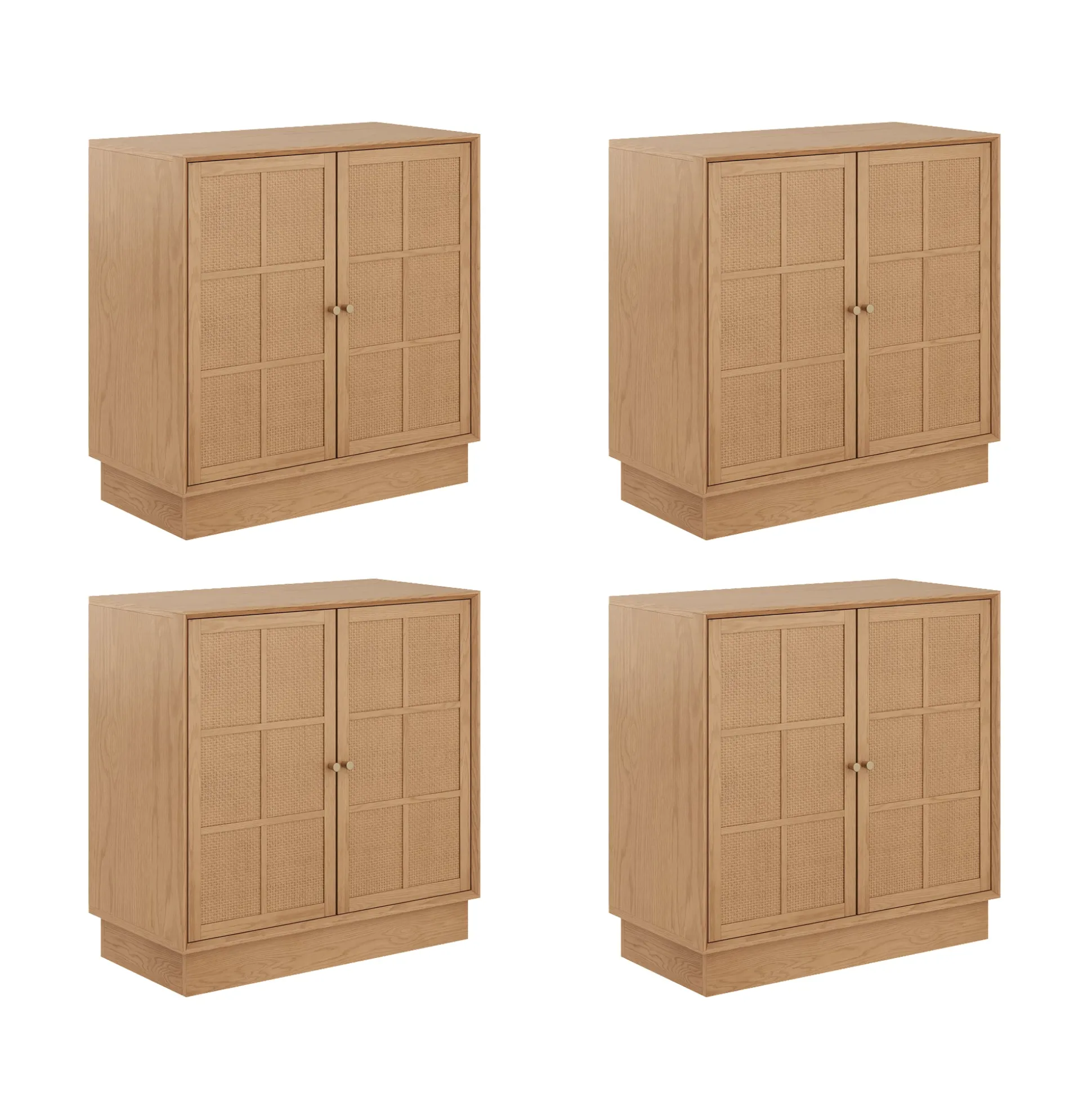 Modern Coastal Rattan Wood Sideboard Storage Cabinet Raw Oak (Set of 4)