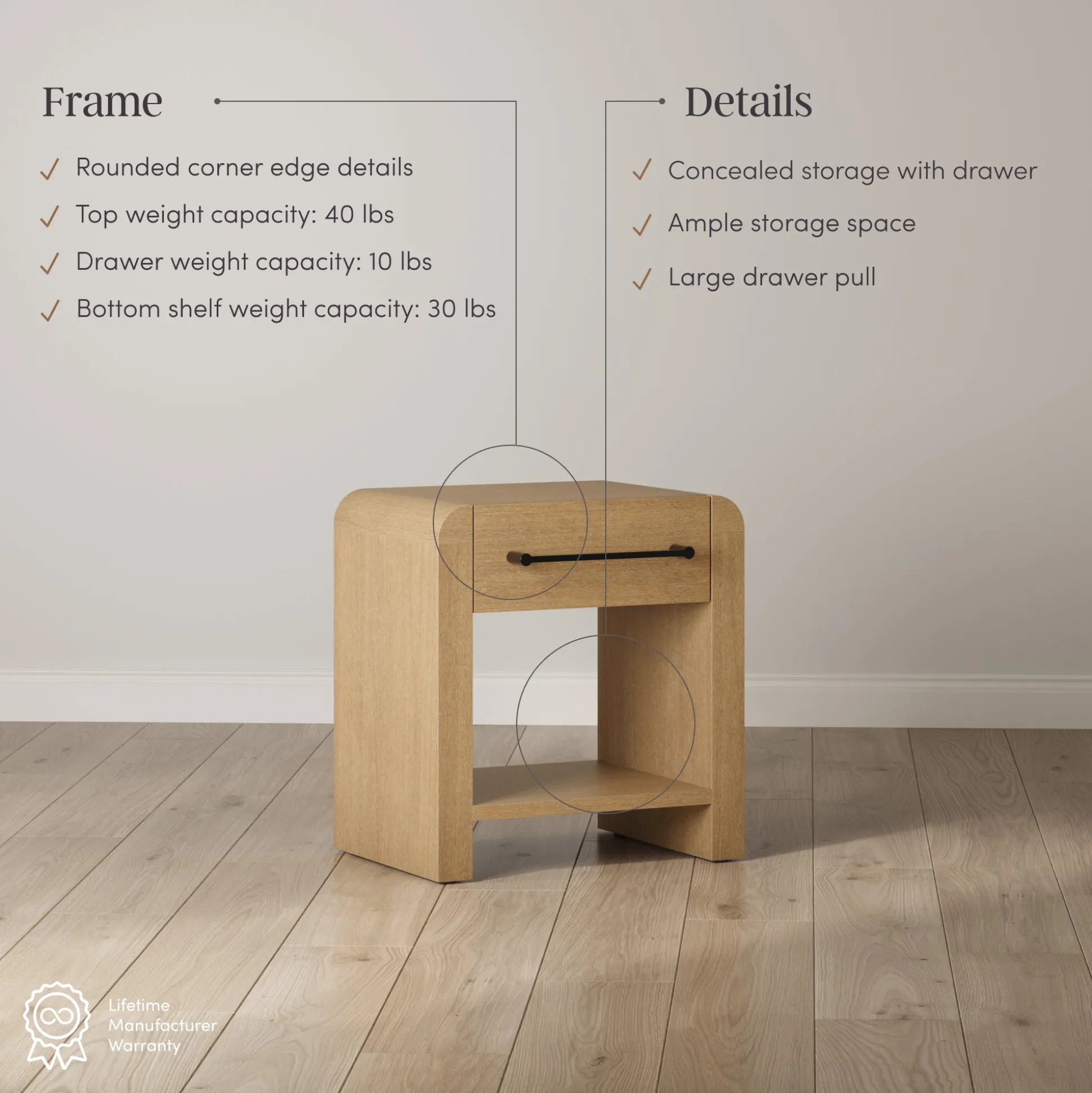 Modern 1-Drawer Nightstand with Metal Handle Light Brown