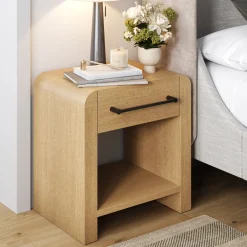 Modern 1-Drawer Nightstand with Metal Handle Light Brown