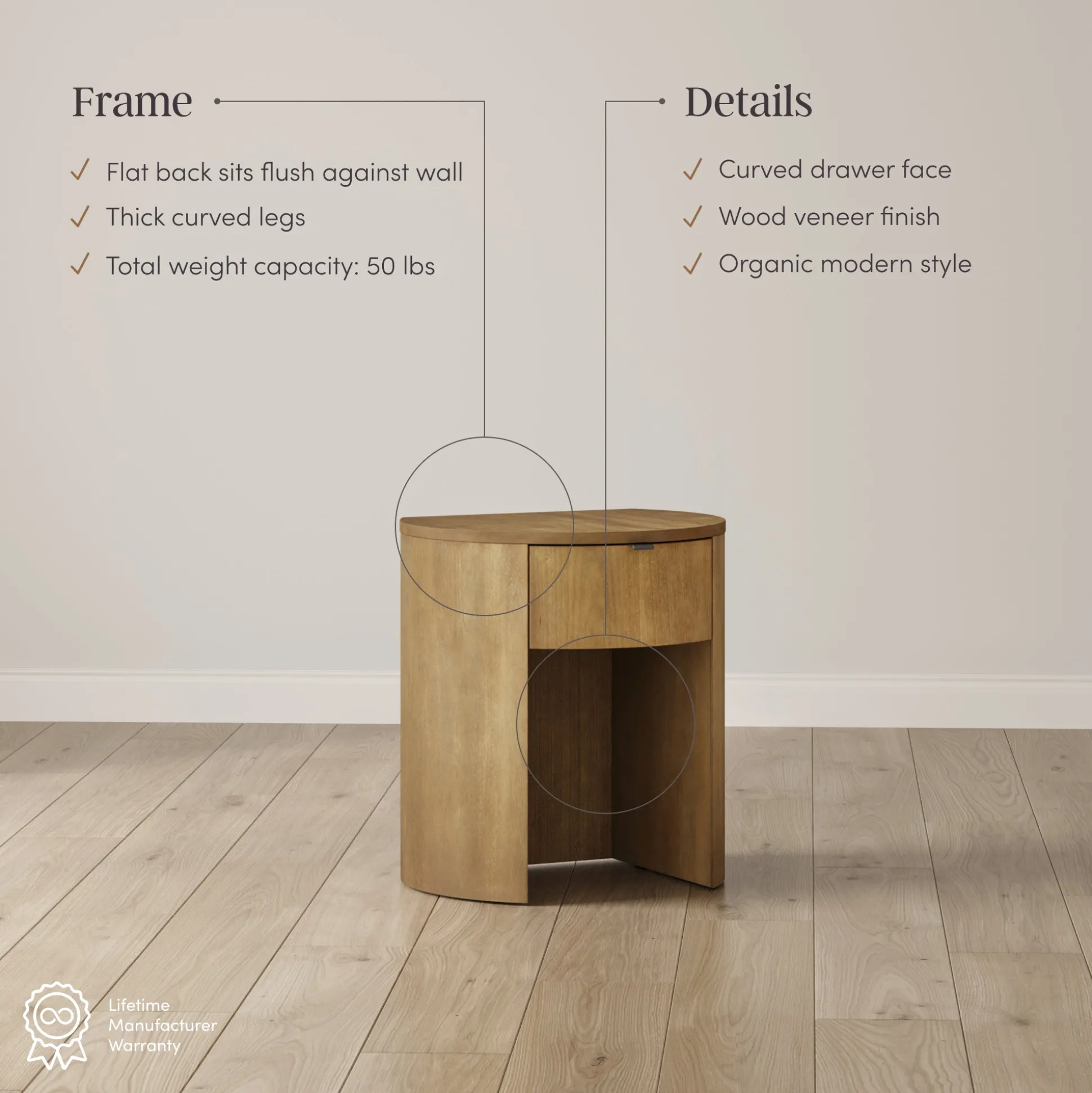 Modern King Bed Frame and 2 Curved Nightstands Set Light Brown