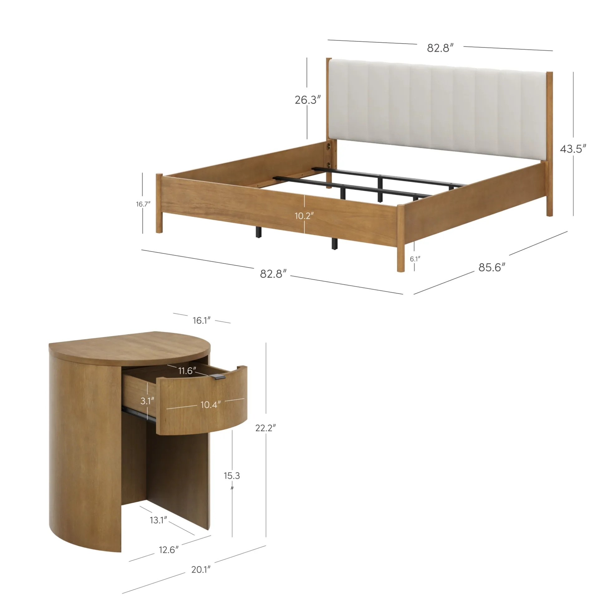 Modern King Bed Frame and 2 Curved Nightstands Set Light Brown