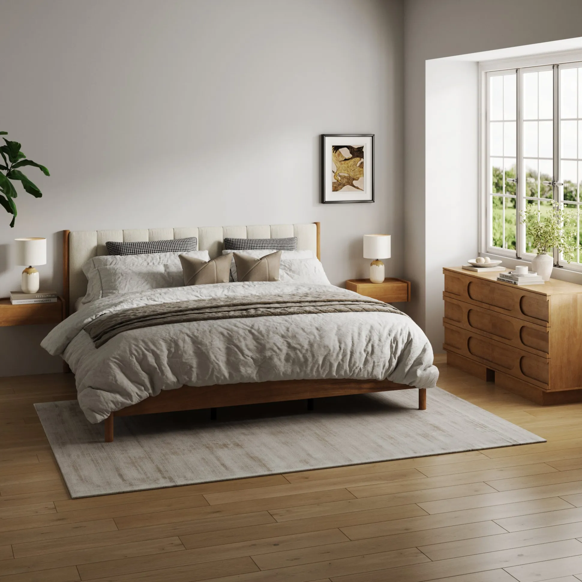 Modern King Bedroom Set with 2 Dressers and 2 Floating Nightstands Light Brown