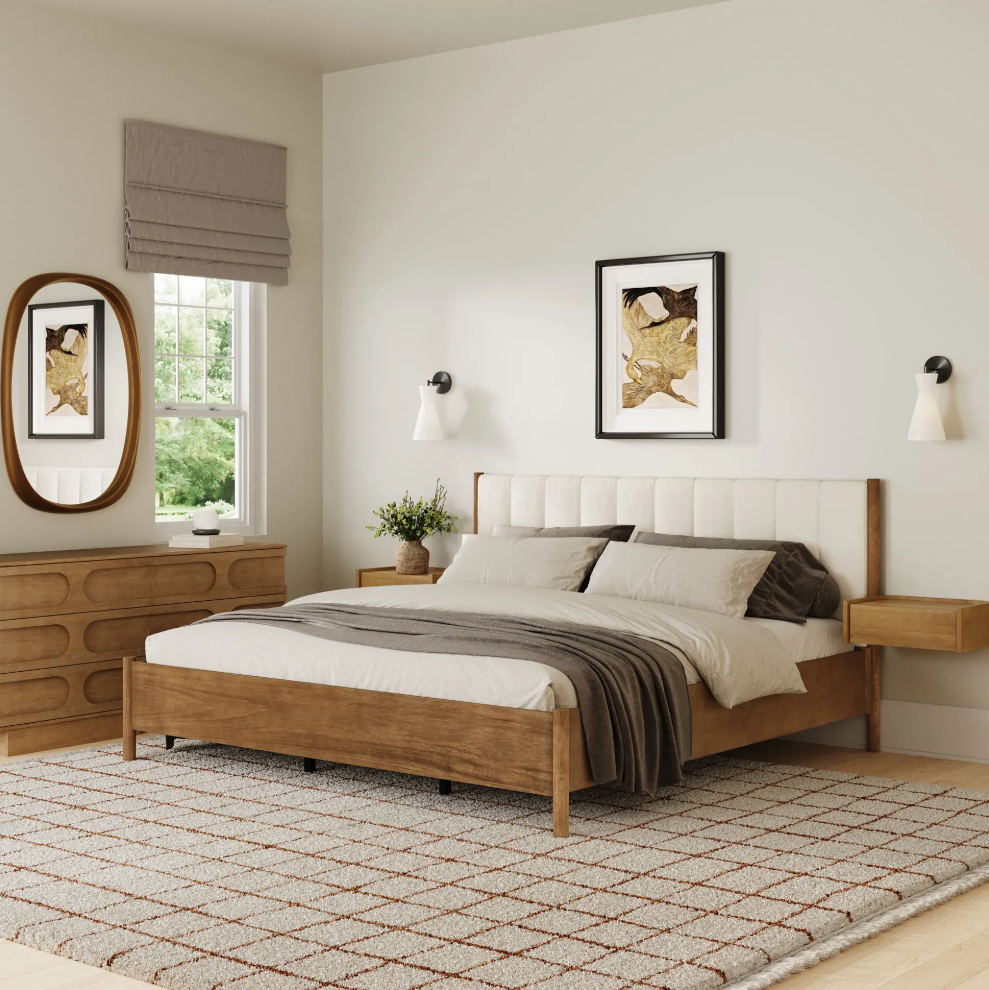 Modern King Bedroom Set with 2 Dressers and 2 Floating Nightstands Light Brown