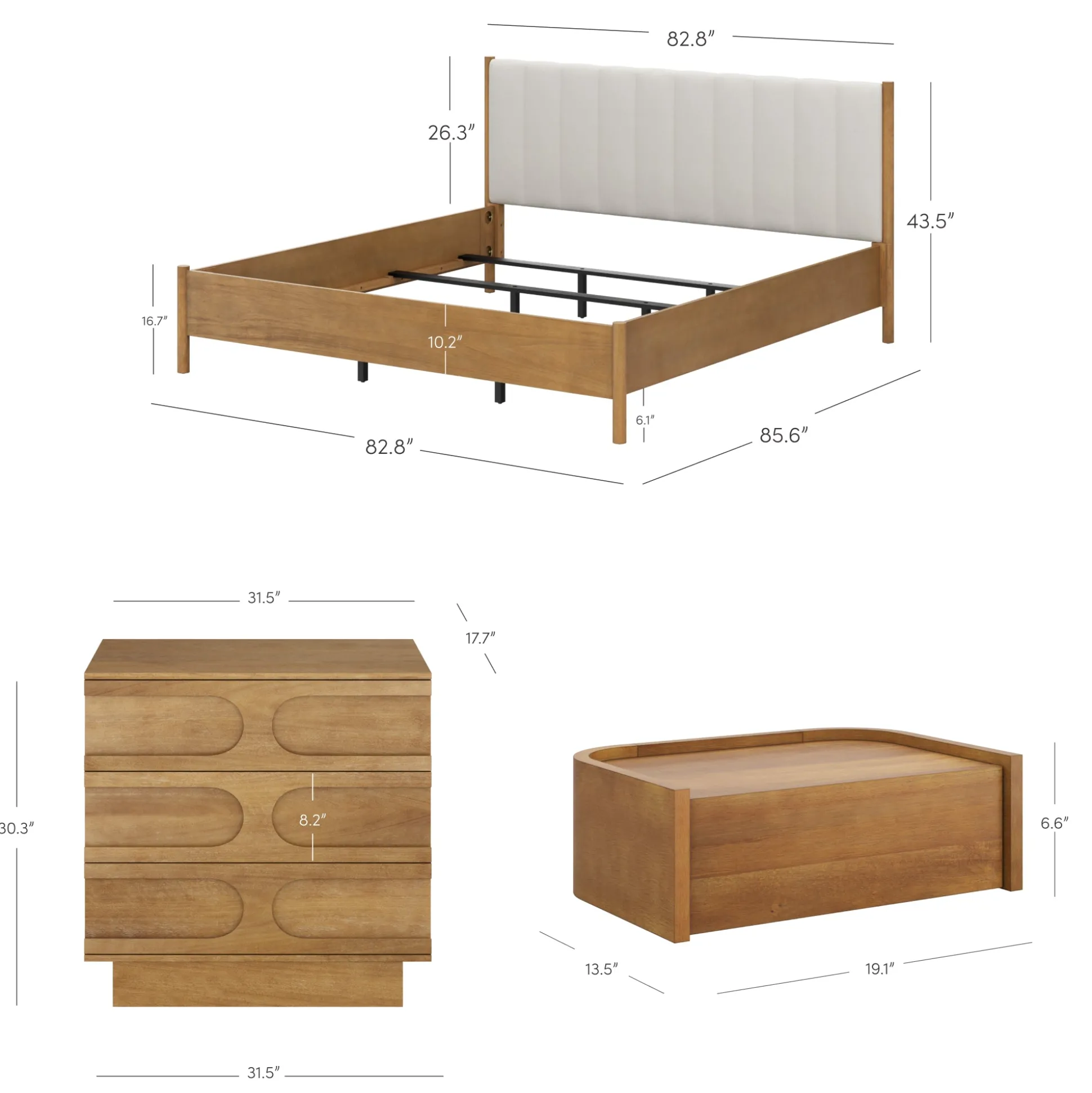 Modern King Bedroom Set with 2 Dressers and 2 Floating Nightstands Light Brown