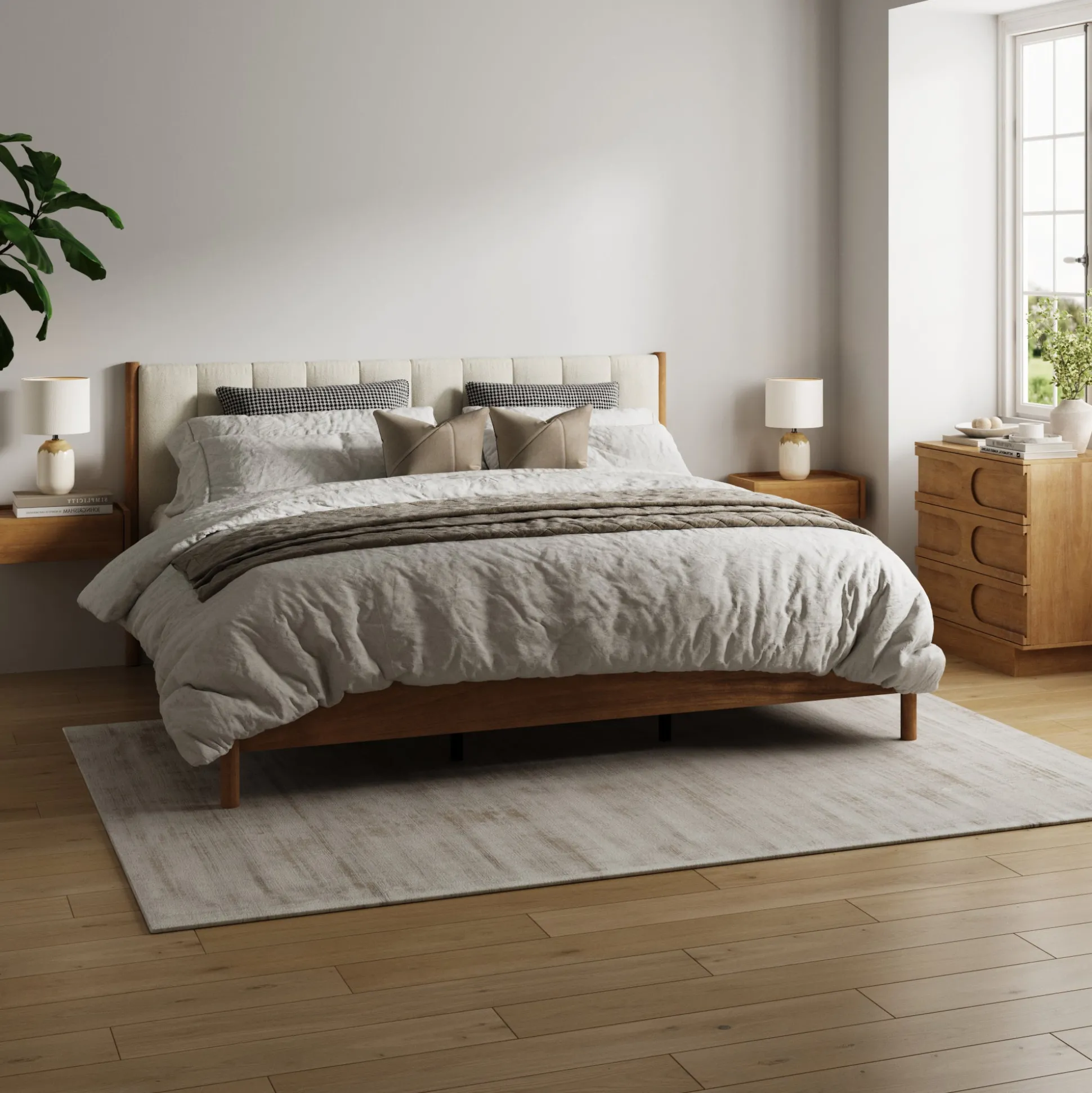 Modern King Bedroom Set with 1 Dresser and 2 Floating Nightstands Light Brown