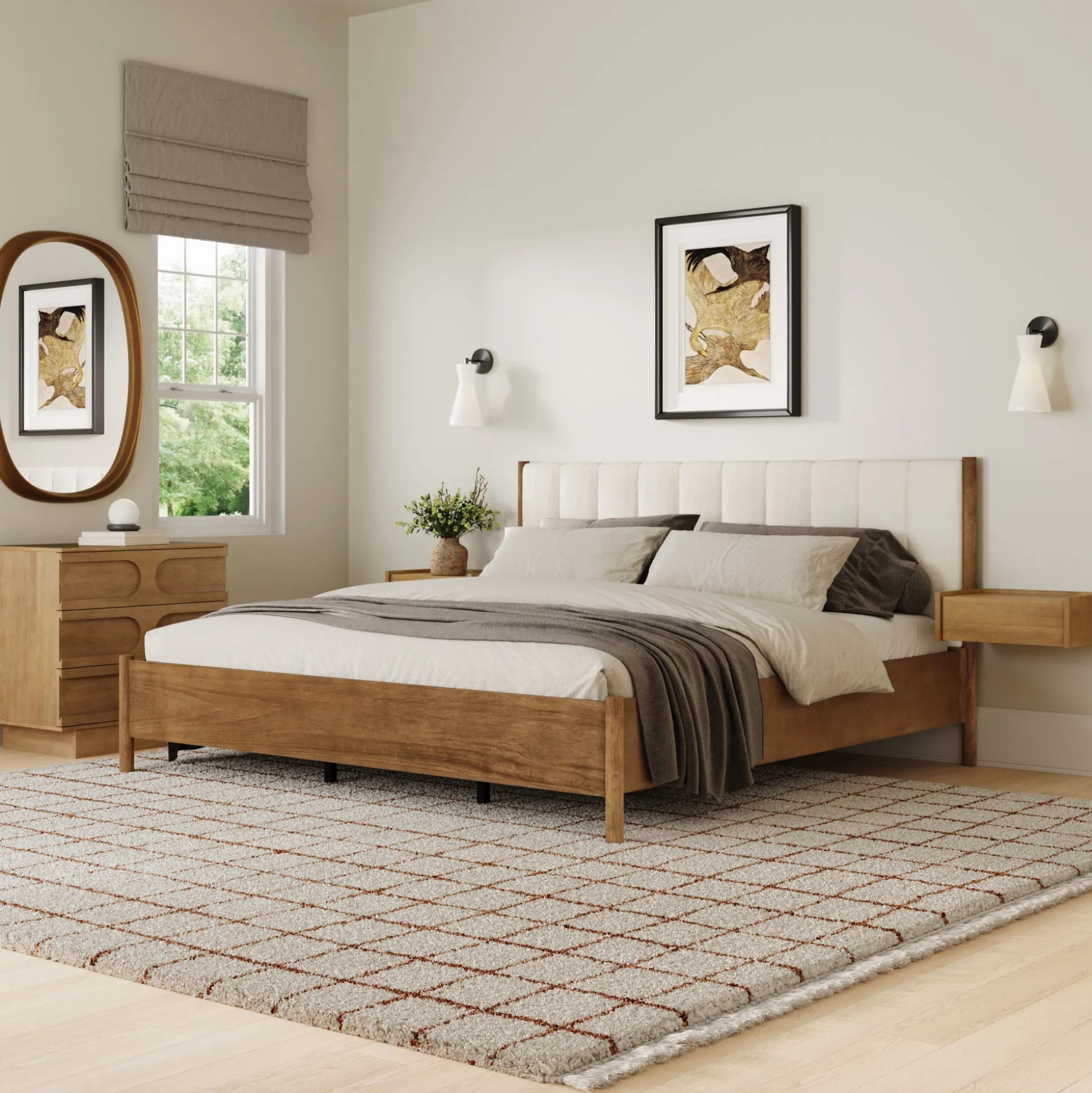 Modern King Bedroom Set with 1 Dresser and 2 Floating Nightstands Light Brown