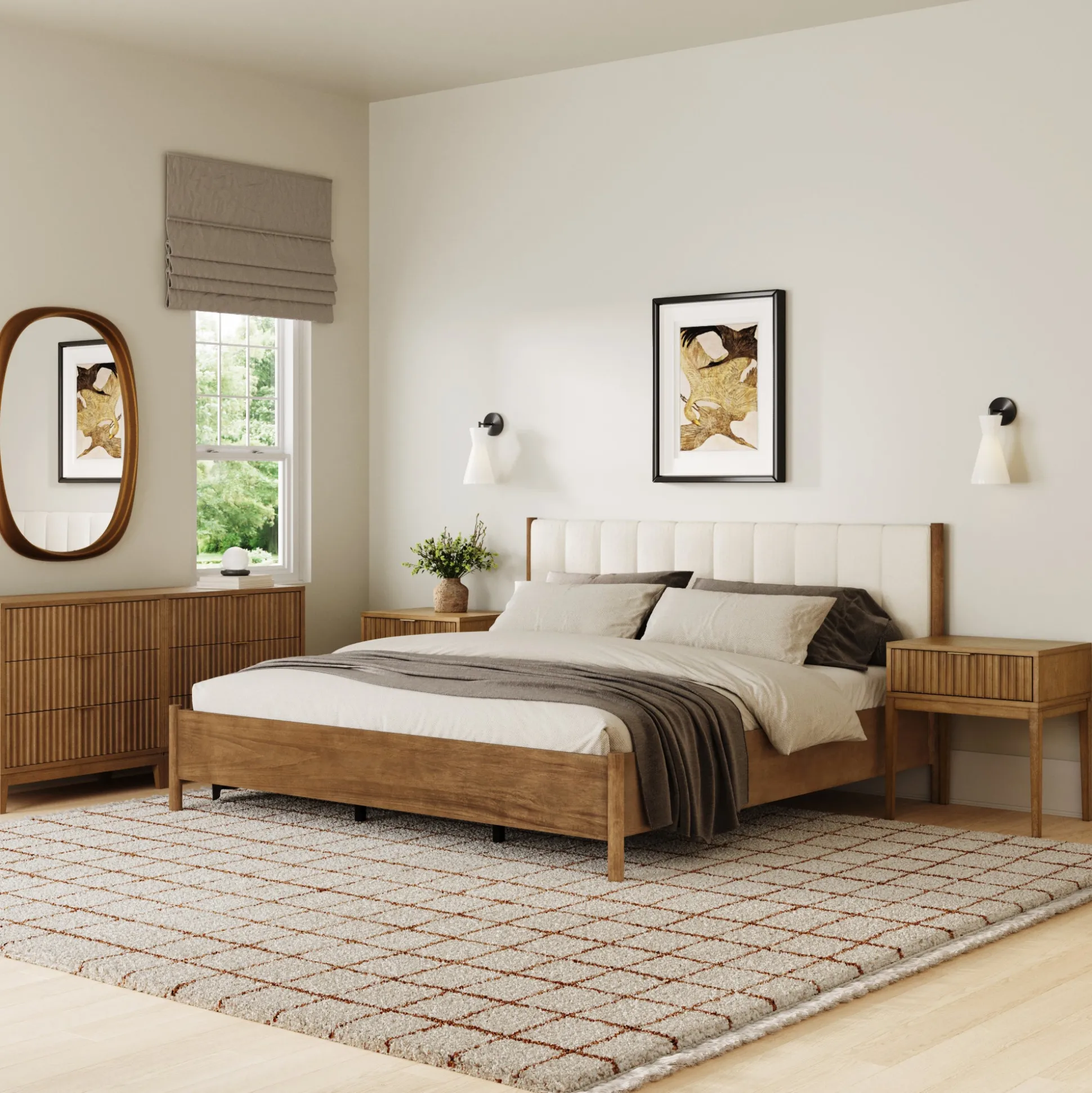 Modern King Bedroom Set with 2 Fluted Dressers and 2 Nightstands Light Brown