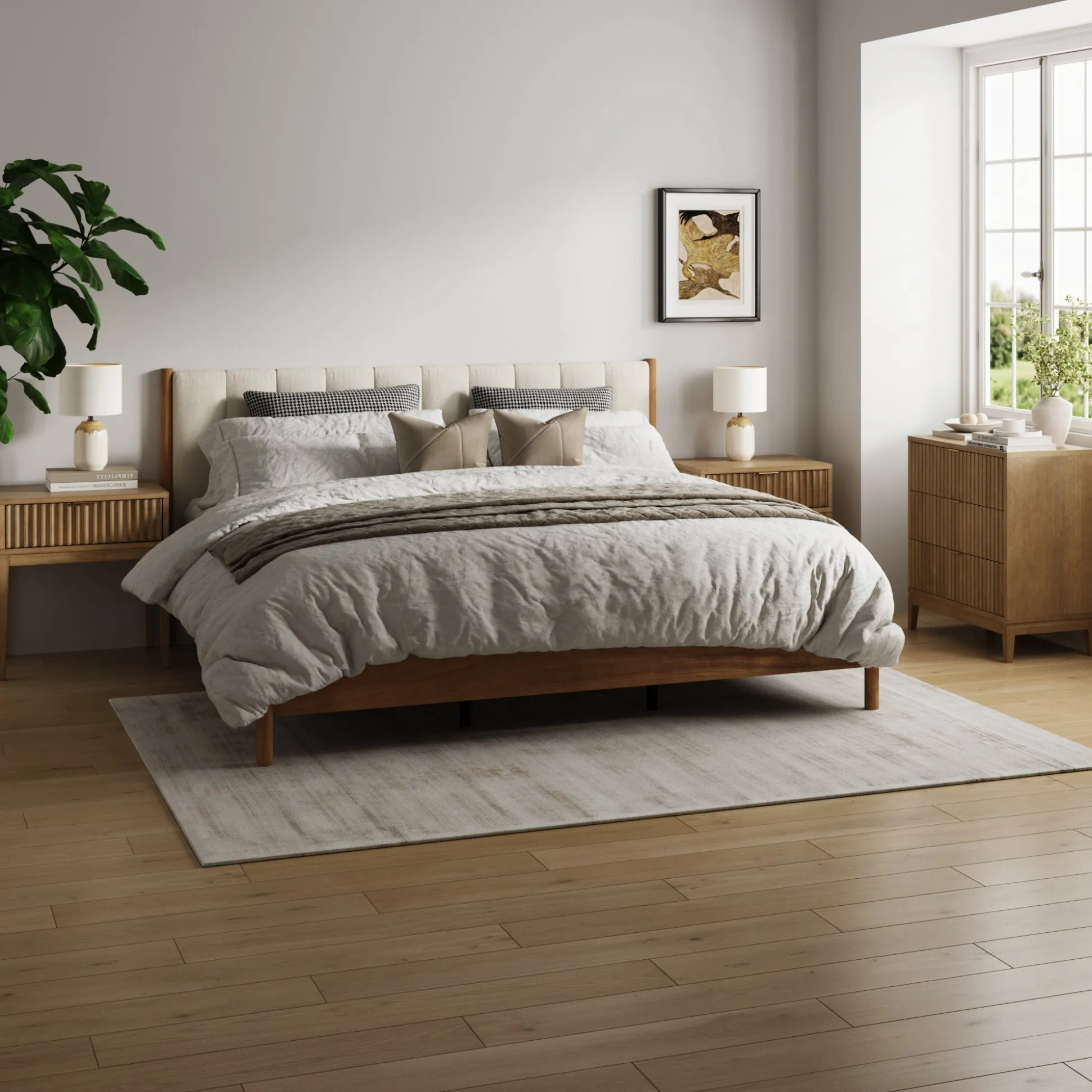 Modern King Bedroom Set with 1 Fluted Dresser and 2 Nightstands Light Brown