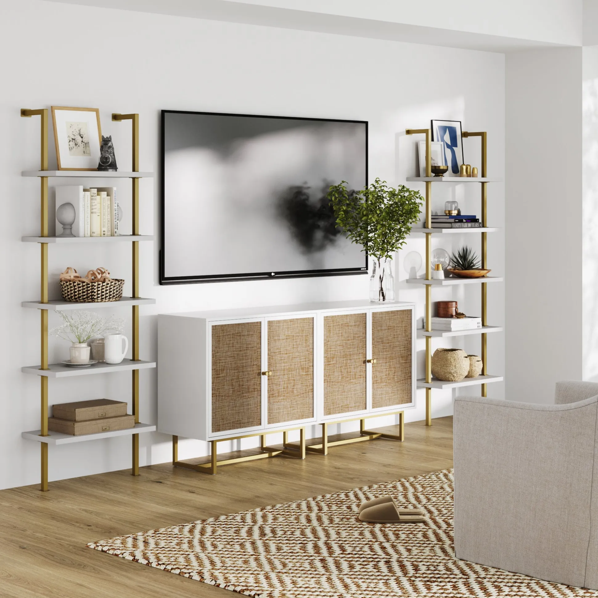 Modern Metal and Wood TV Entertainment Center with Bookcase (2 Cabinets)