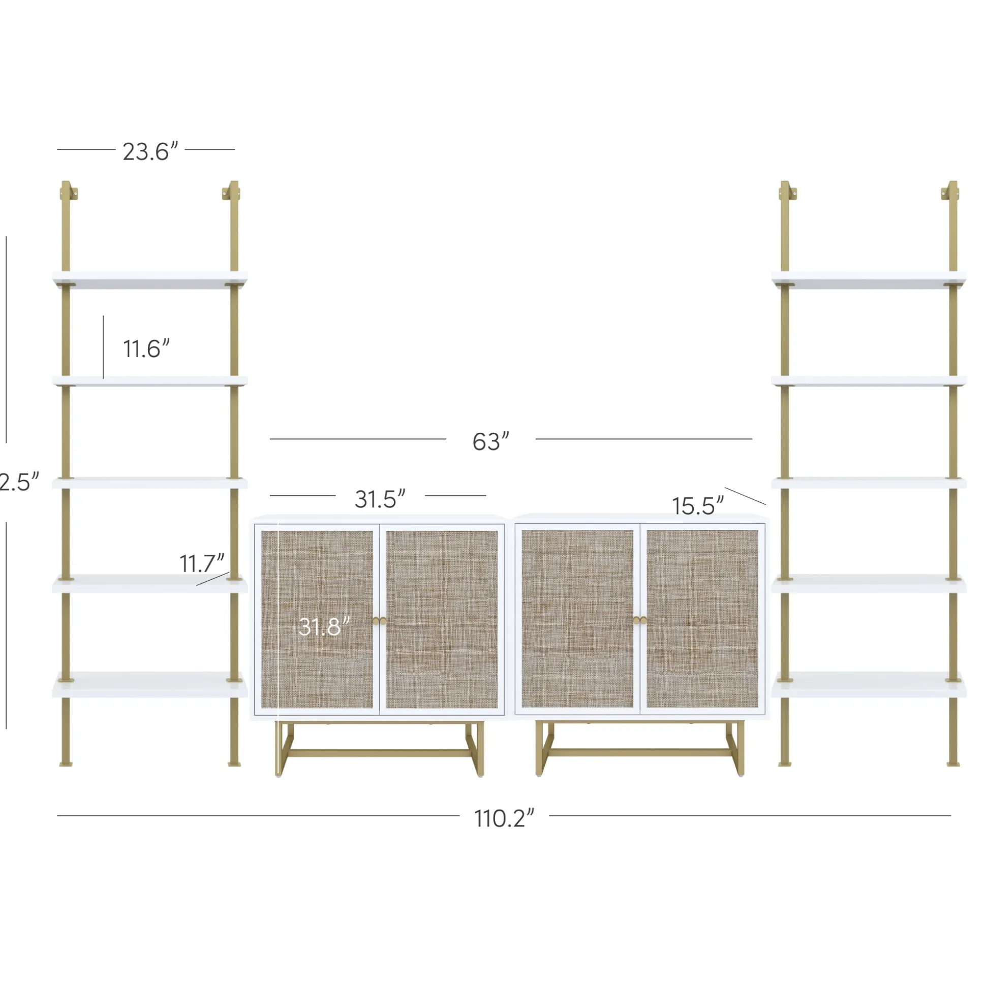 Modern Metal and Wood TV Entertainment Center with Bookcase (2 Cabinets)