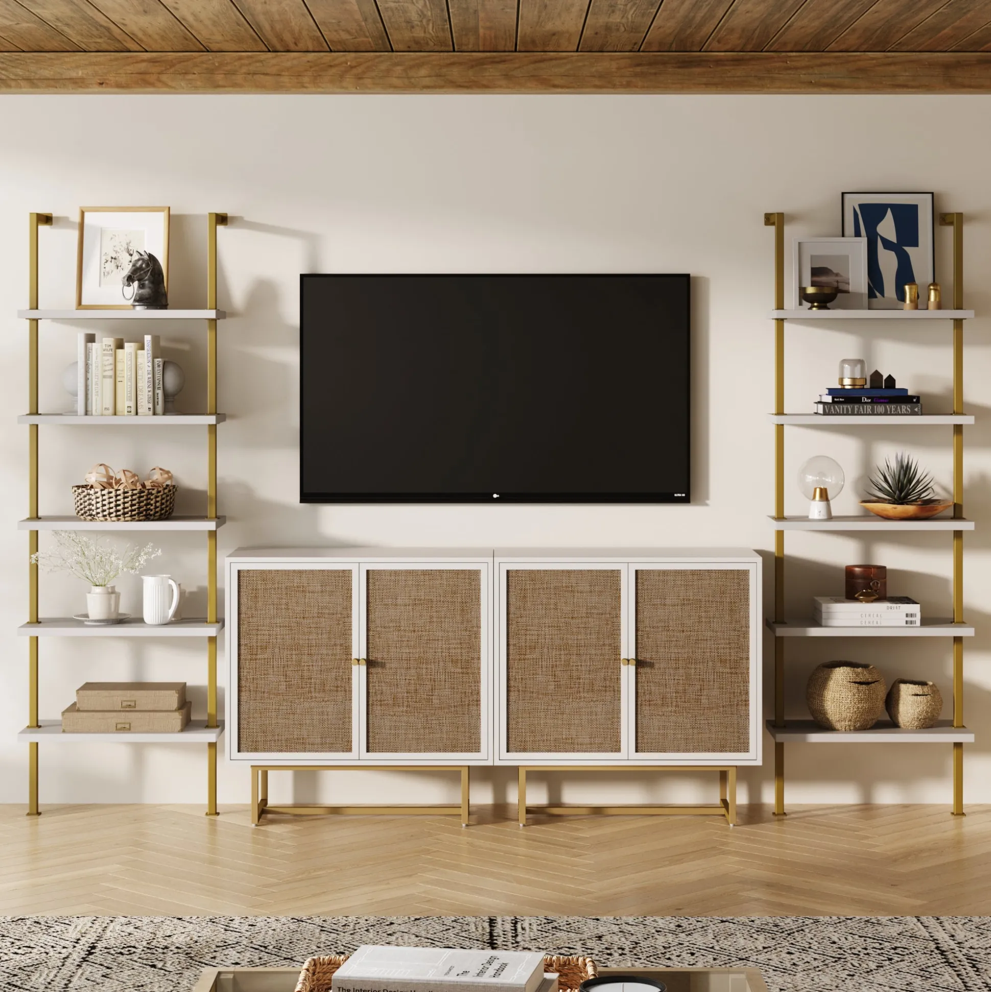 Modern Metal and Wood TV Entertainment Center with Bookcase (2 Cabinets)