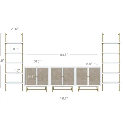 Modern Metal and Wood TV Entertainment Center with Bookcase (3 Cabinets)
