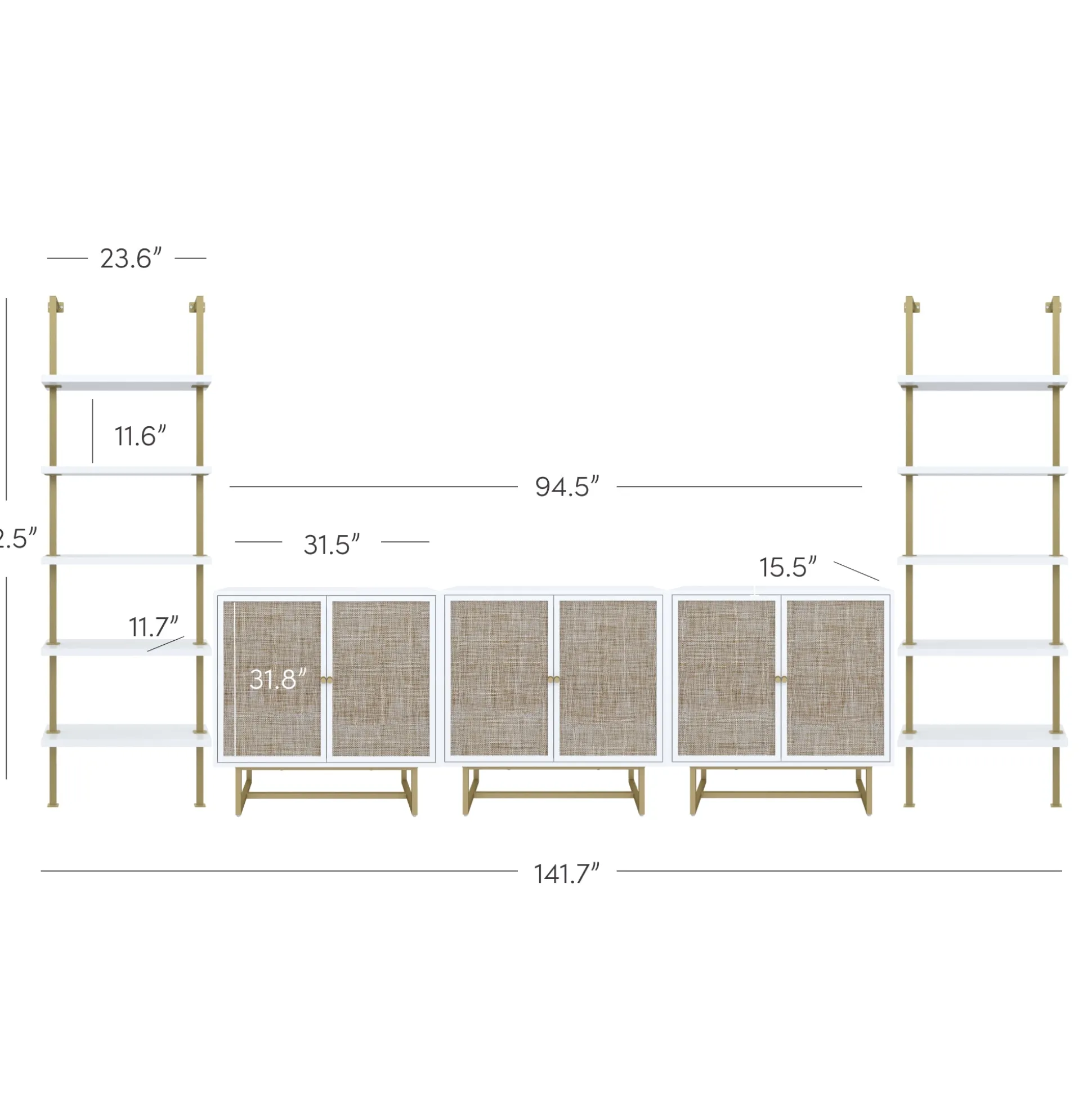Modern Metal and Wood TV Entertainment Center with Bookcase (3 Cabinets)