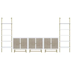 Modern Metal and Wood TV Entertainment Center with Bookcase (3 Cabinets)