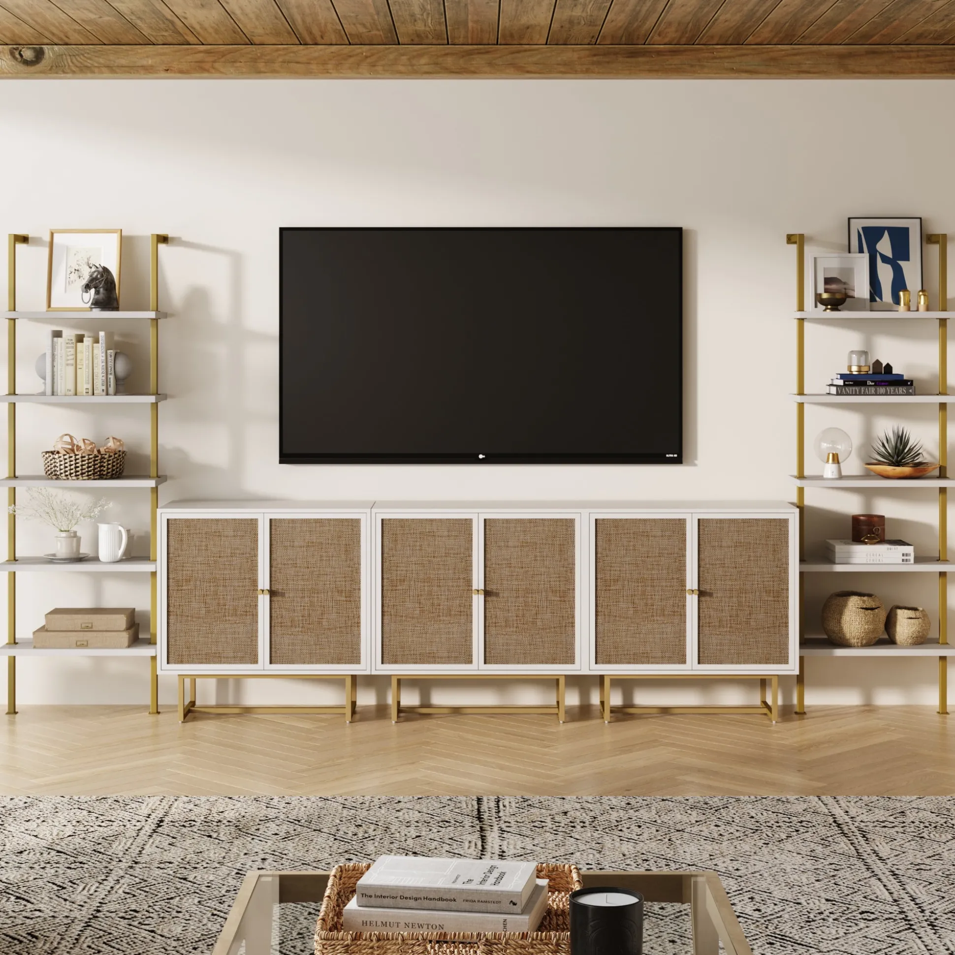 Modern Metal and Wood TV Entertainment Center with Bookcase (3 Cabinets)