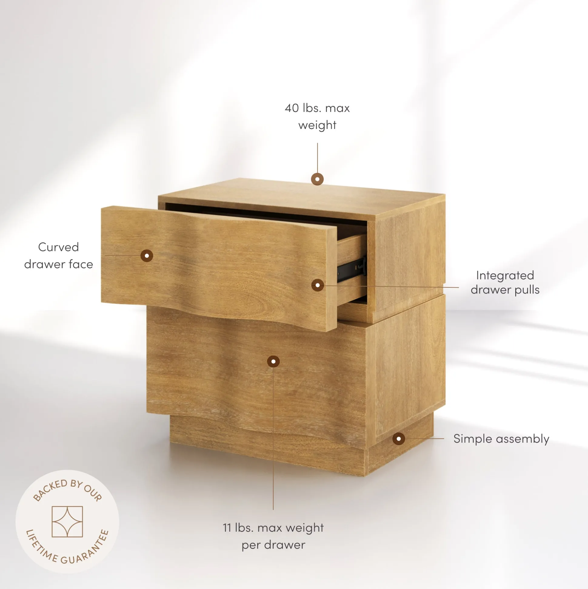 Modern Organic 2-Drawer Wood Nightstand with Wavy Drawer Fronts Light Brown
