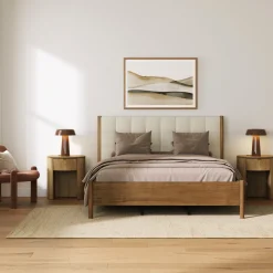 Modern Queen Bed Frame and 2 Curved Nightstands Set Light Brown