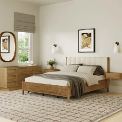 Modern Queen Bedroom Set with 2 Dressers and 2 Floating Nightstands Light Brown