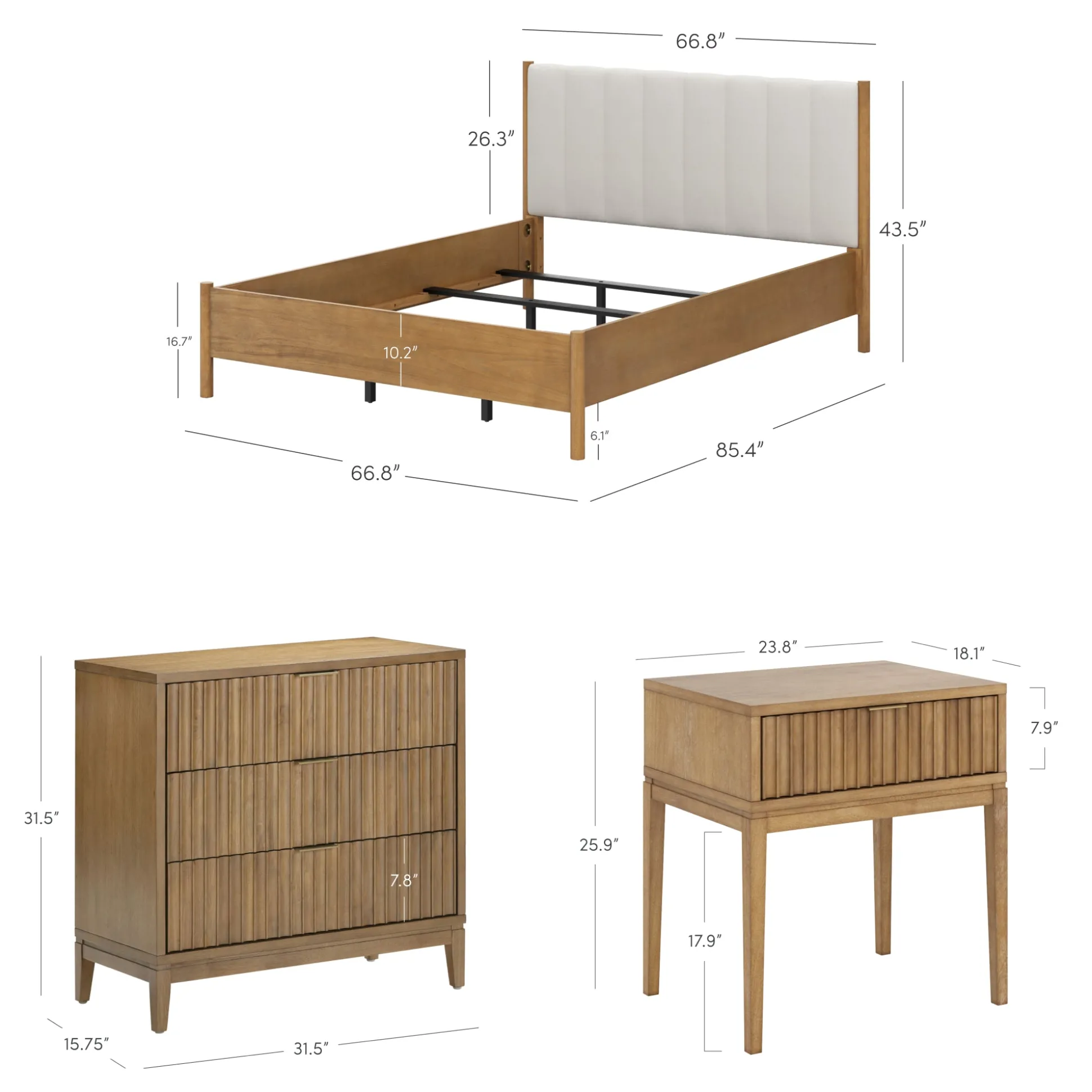 Modern Queen Bedroom Set with 1 Fluted Dresser and 2 Nightstands Light Brown