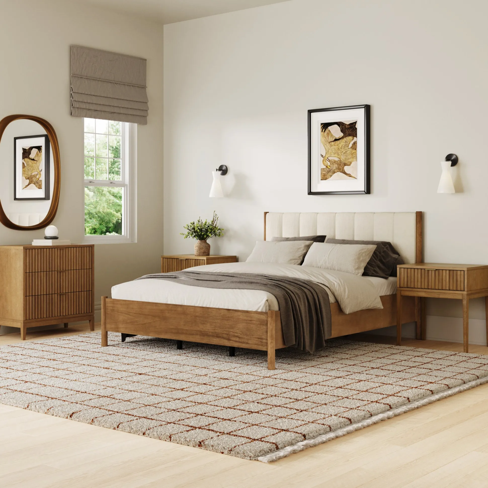 Modern Queen Bedroom Set with 1 Fluted Dresser and 2 Nightstands Light Brown
