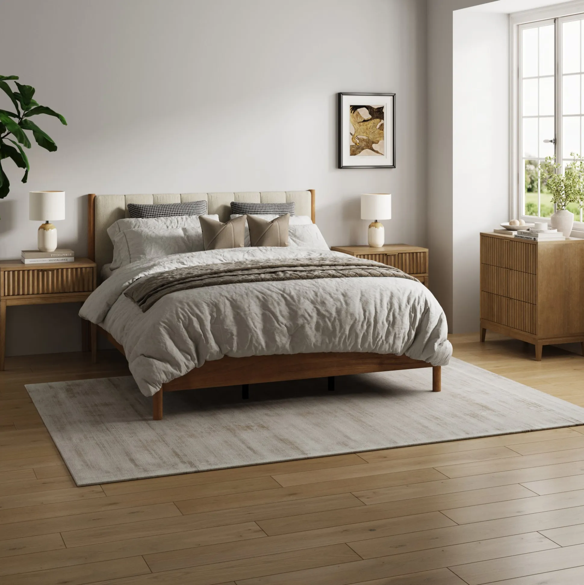 Modern Queen Bedroom Set with 1 Fluted Dresser and 2 Nightstands Light Brown