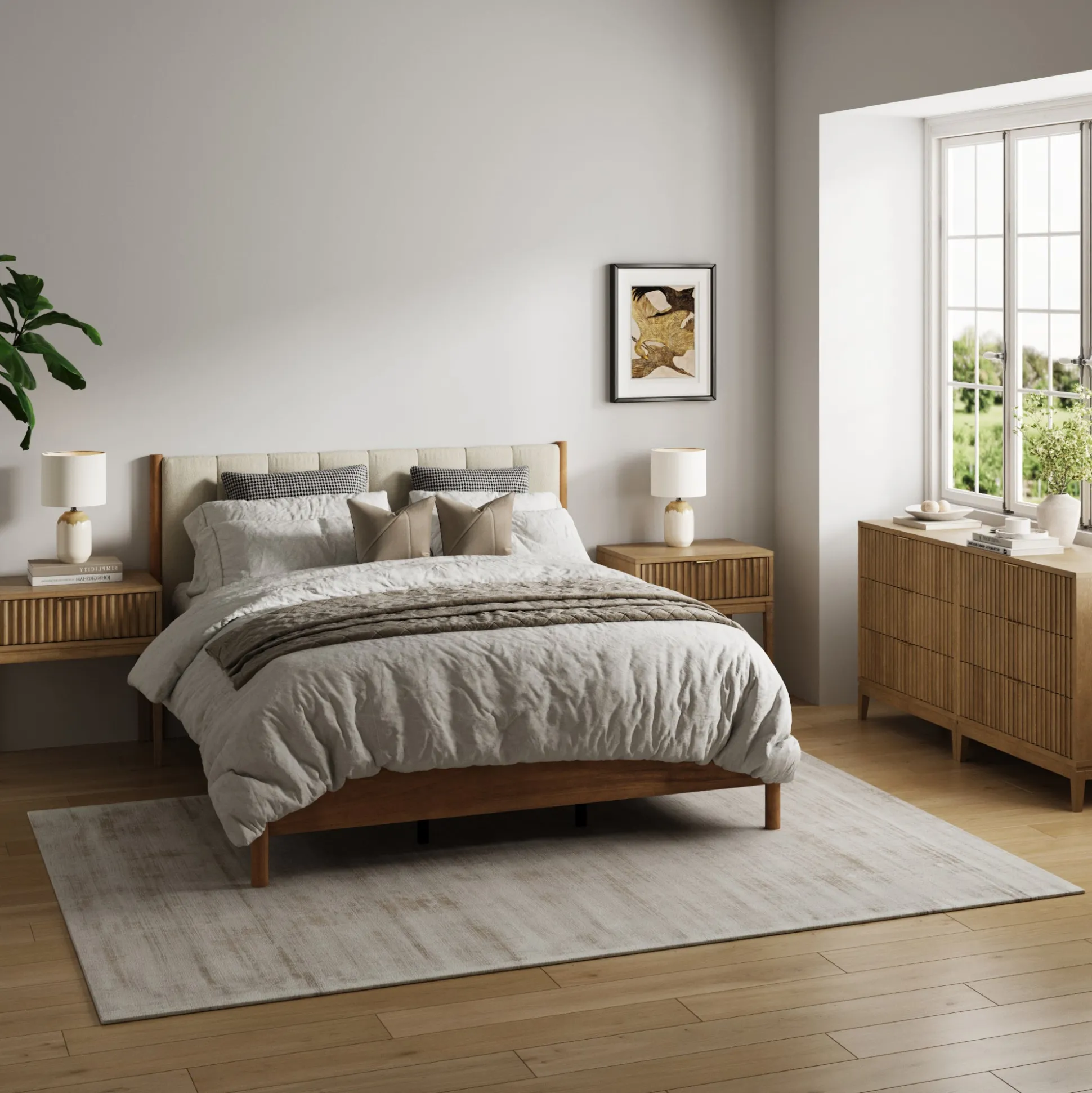 Modern Queen Bedroom Set with 2 Fluted Dressers and 2 Nightstands Light Brown