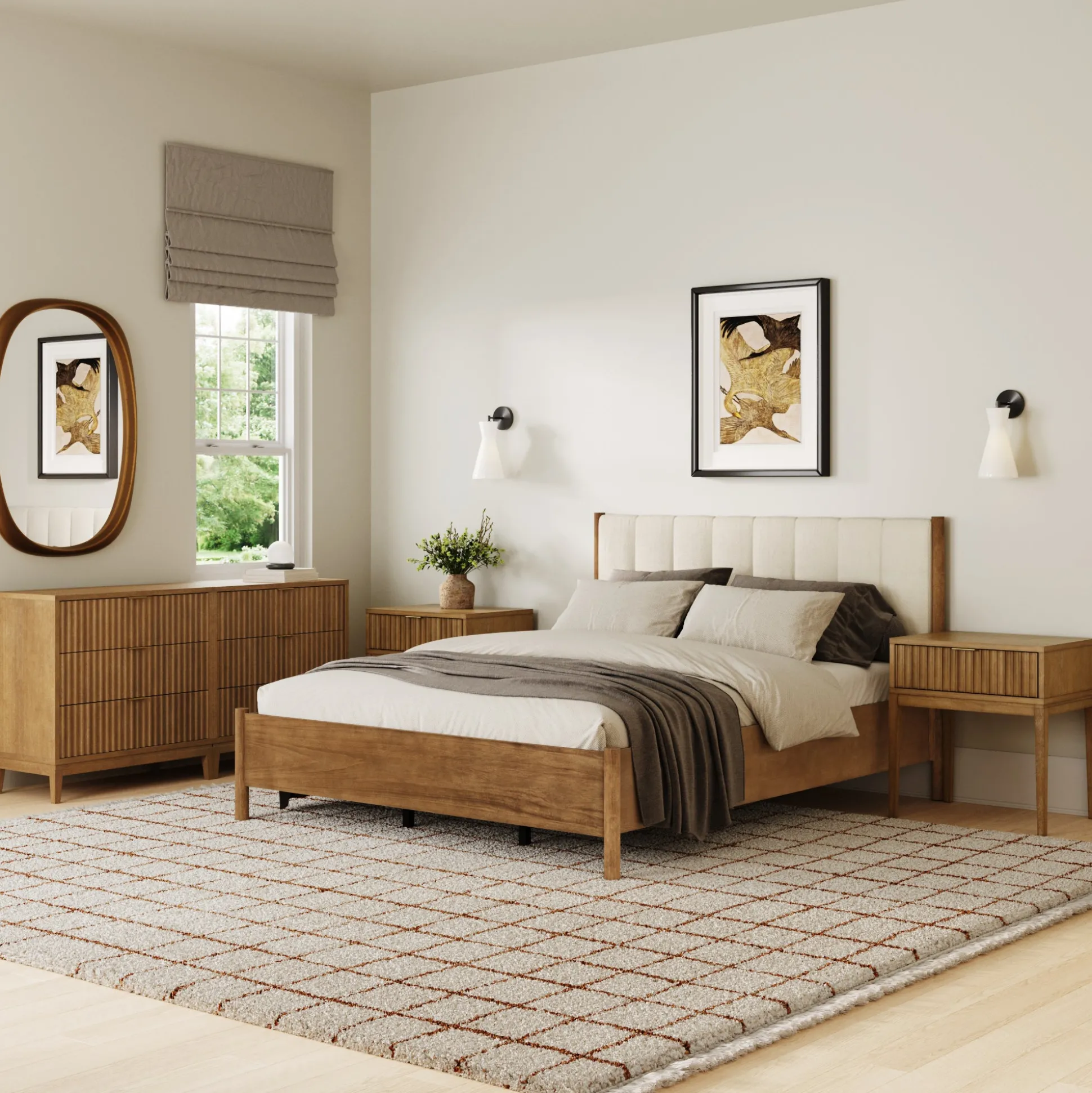 Modern Queen Bedroom Set with 2 Fluted Dressers and 2 Nightstands Light Brown