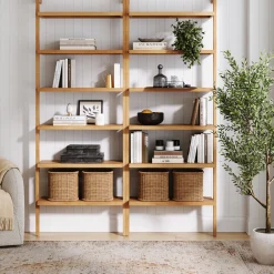 Modern 6-Shelf Wall Mounted Solid Wood Bookcase Warm Pine (Set of 2)